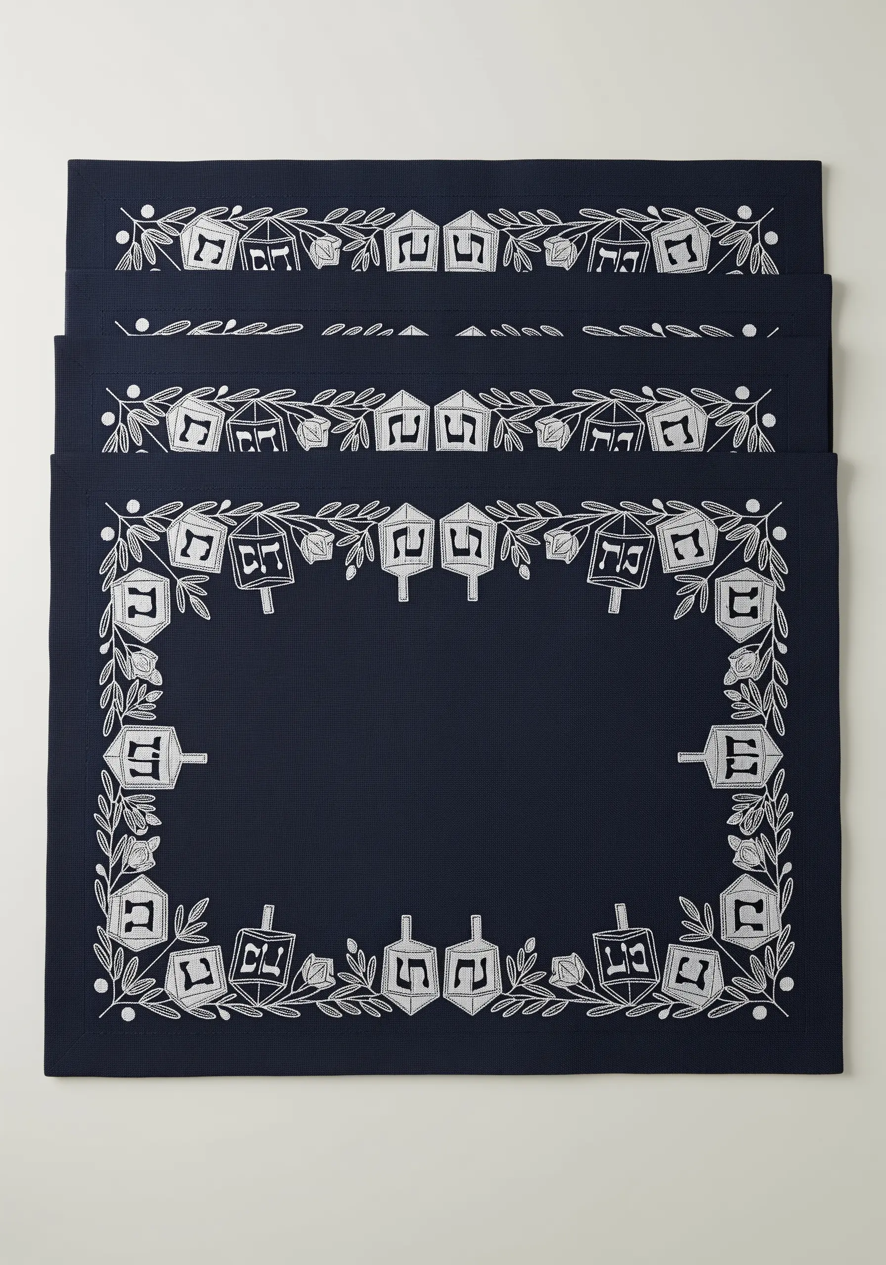 A fine-line embroidered border of dreidels and leafy vines on navy blue placemats.
