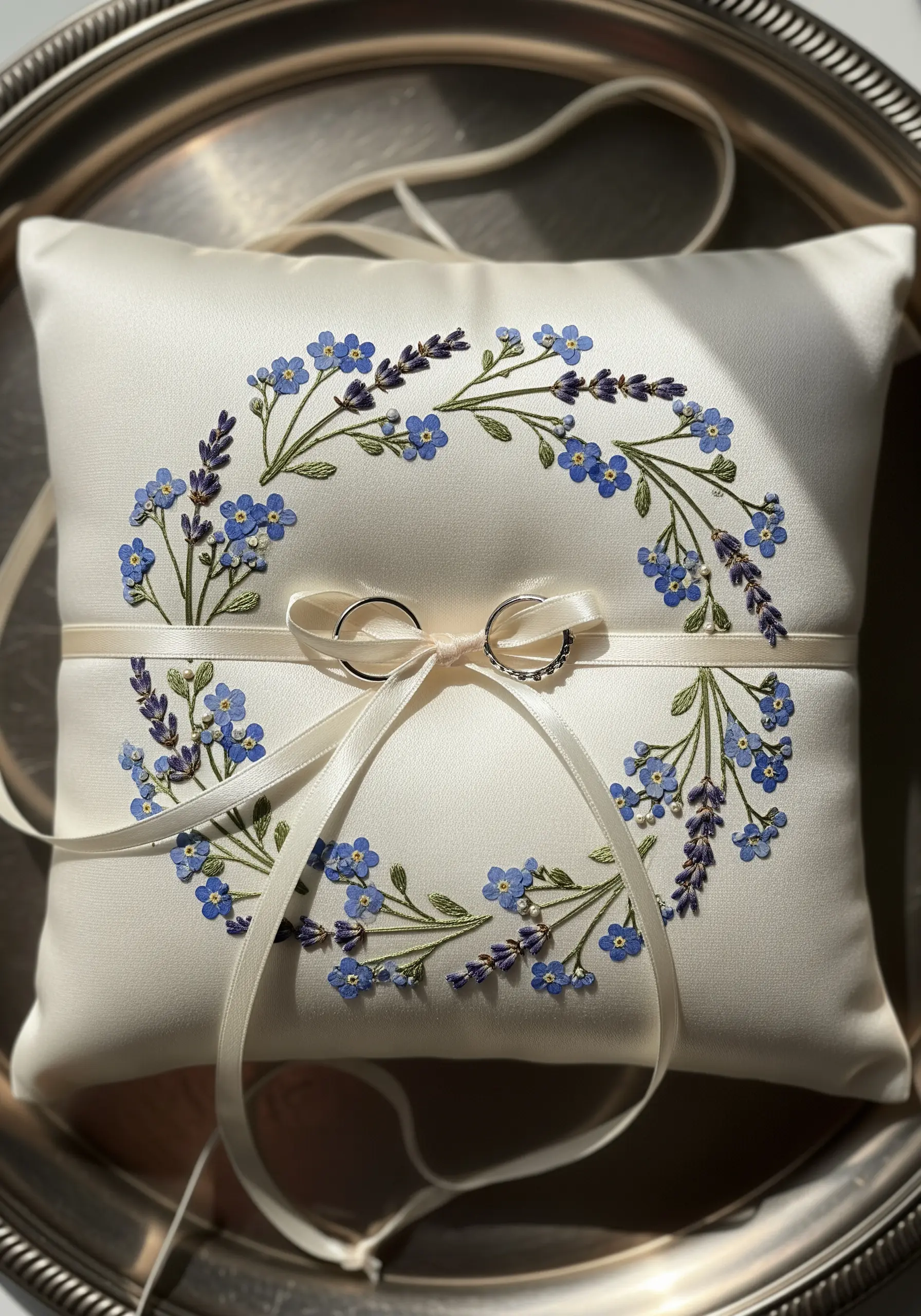 Embroidered forget-me-not and lavender wreath on a satin ring bearer pillow.