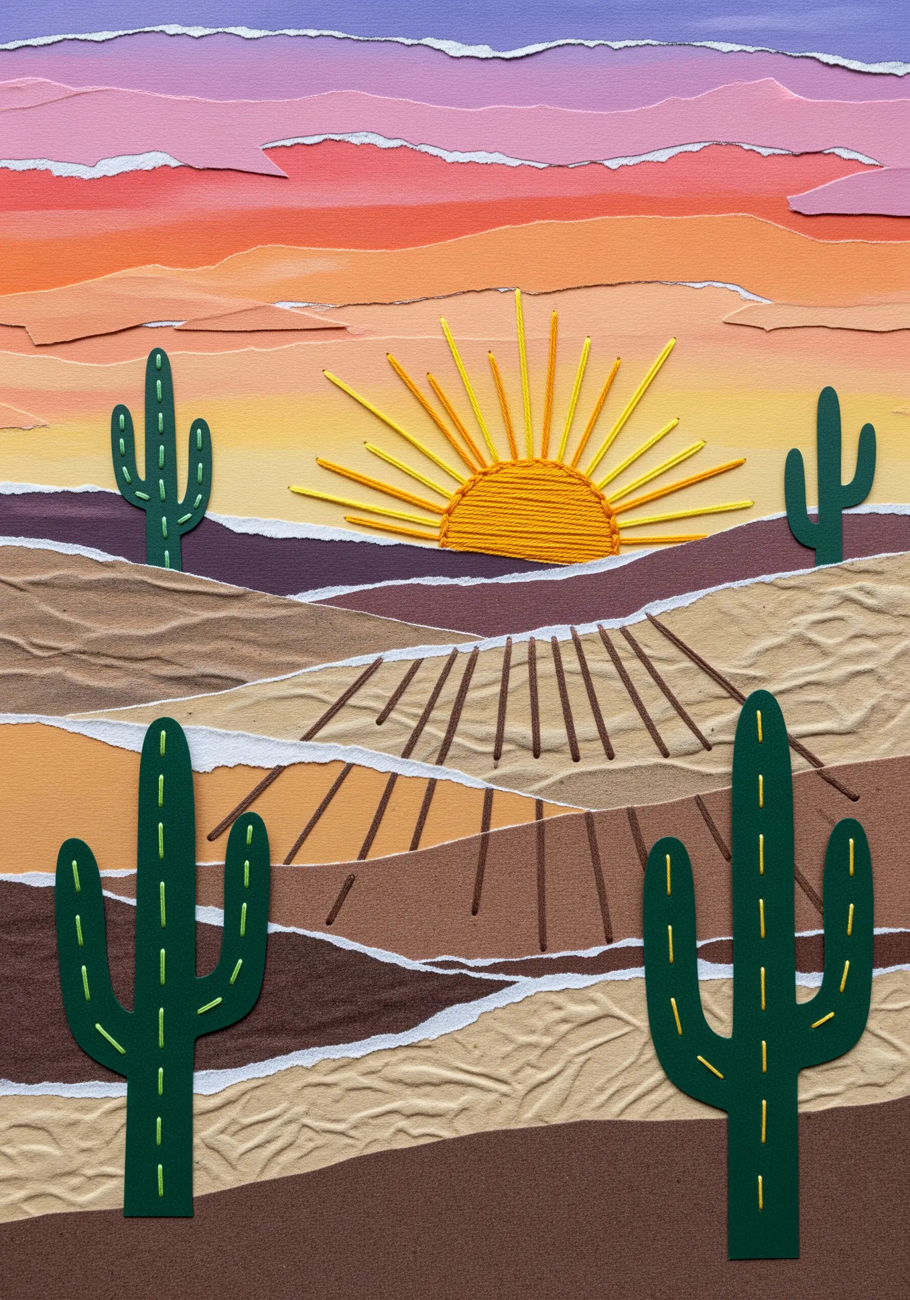 A desert landscape collage of torn paper with an embroidered sun and cacti details.