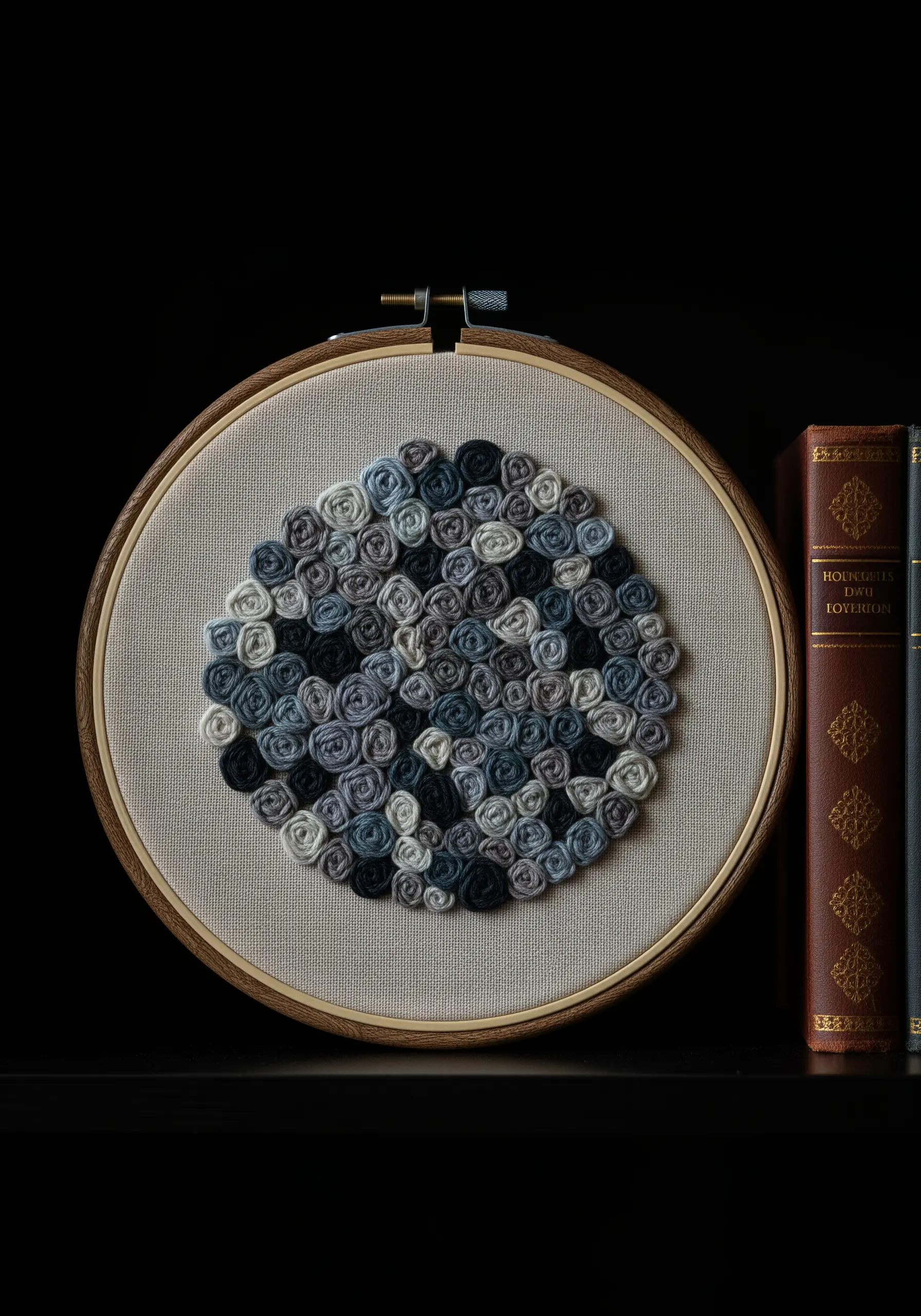 Embroidery hoop filled with dense, textural woven wheel roses in shades of grey and blue.