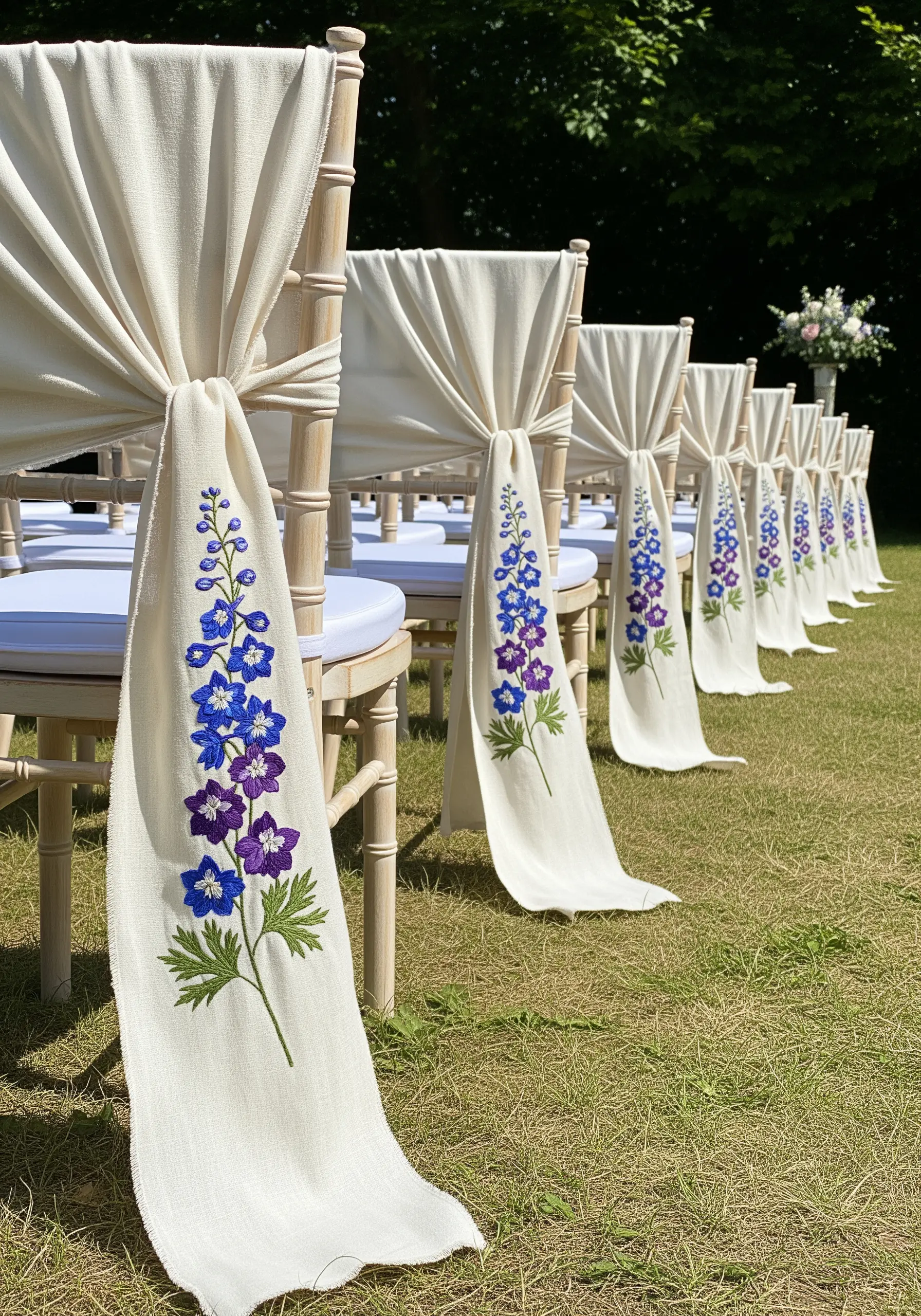 Wedding ceremony chairs with long linen sashes, each embroidered with a large delphinium stem.