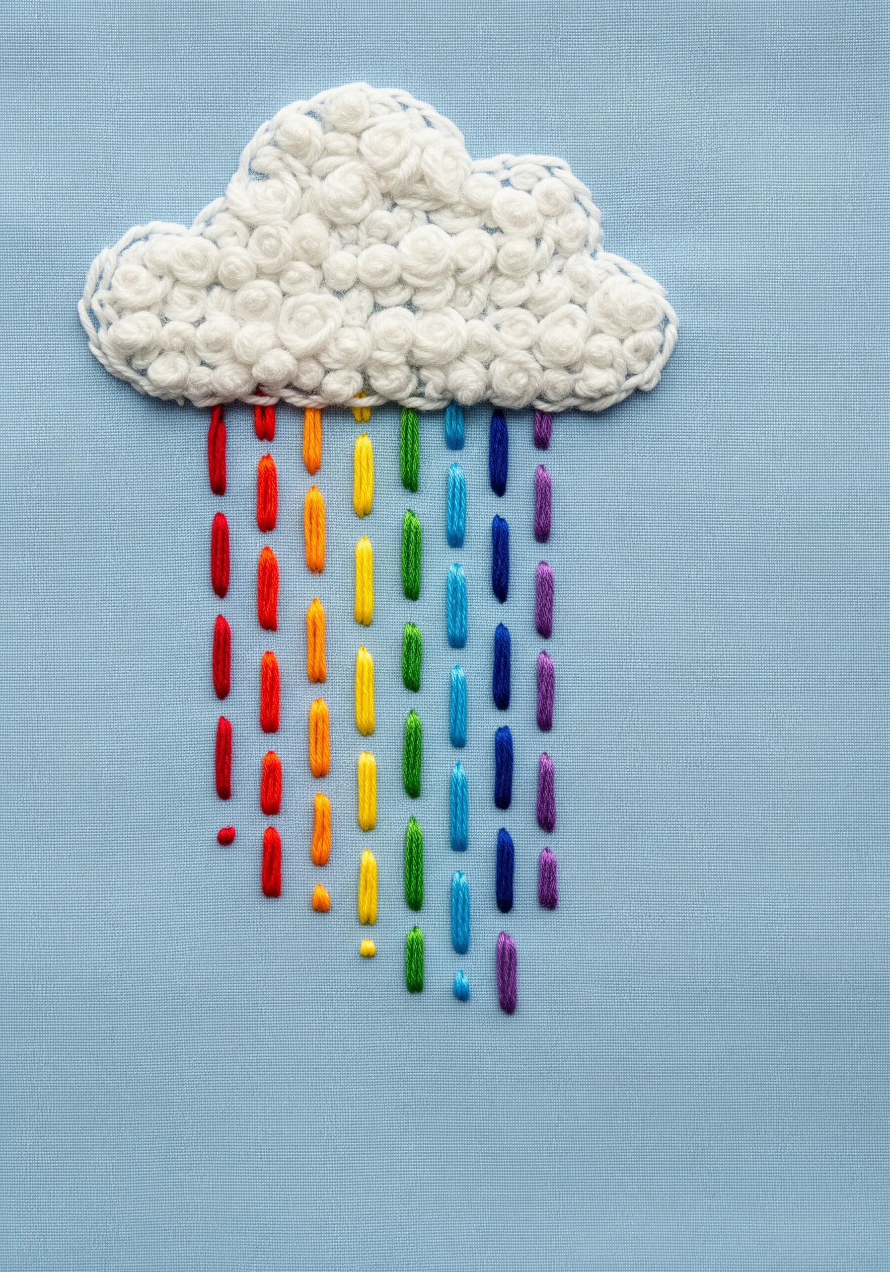 A fluffy cloud of white French knots with rainbow satin stitch raindrops.