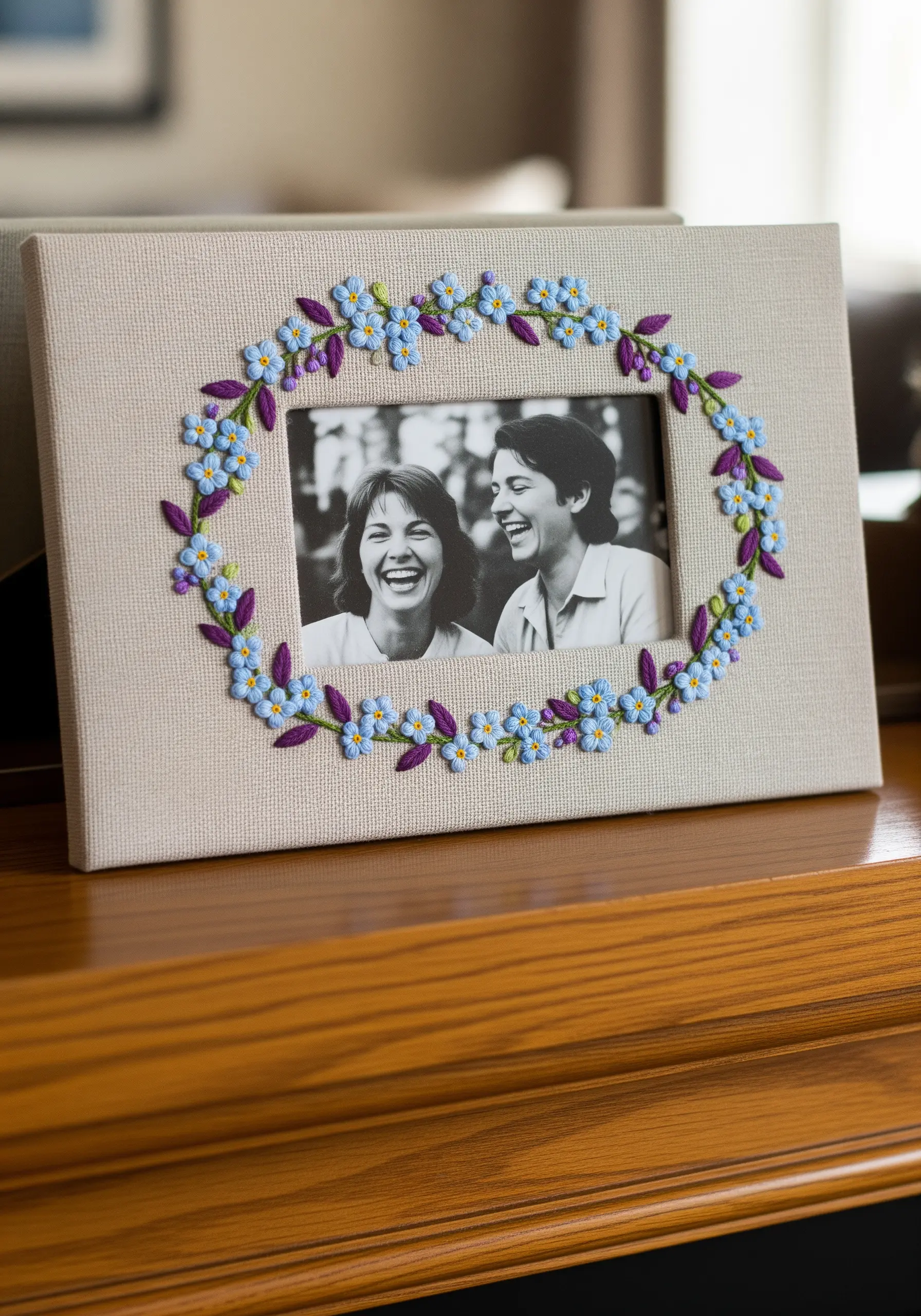 A photo frame with a border of embroidered blue forget-me-nots and purple leaves.