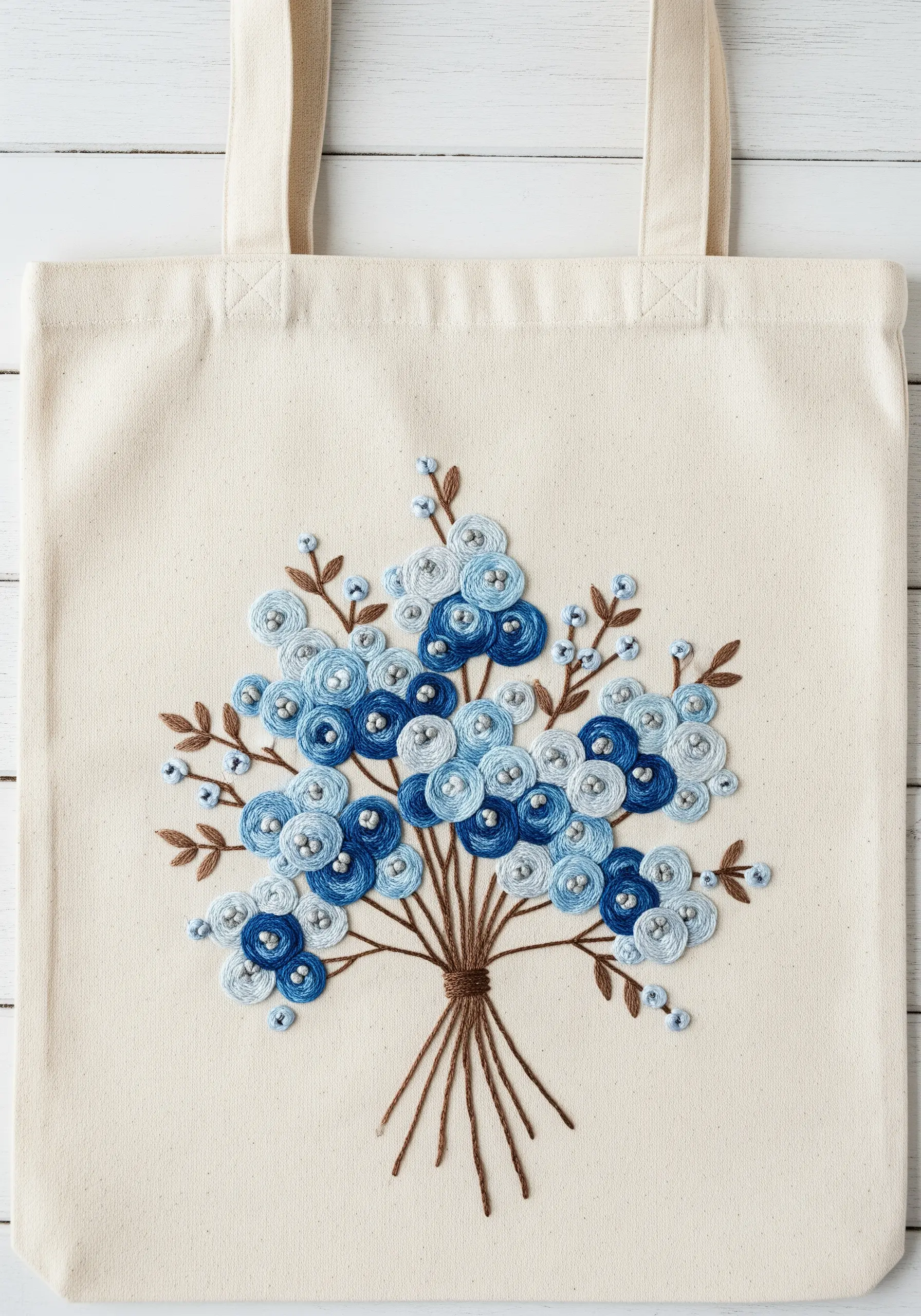 A bouquet of blue and white woven wheel flowers with silver bead centers on a canvas tote.