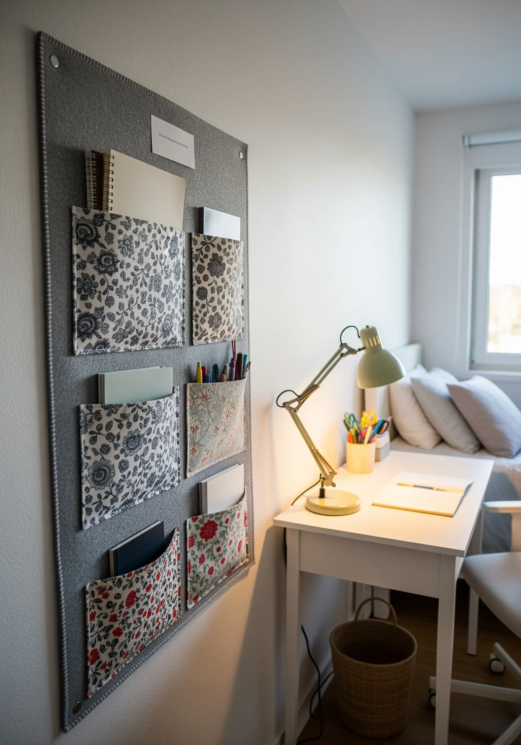 A grey felt wall organizer with patterned fabric pockets attached with simple stitches