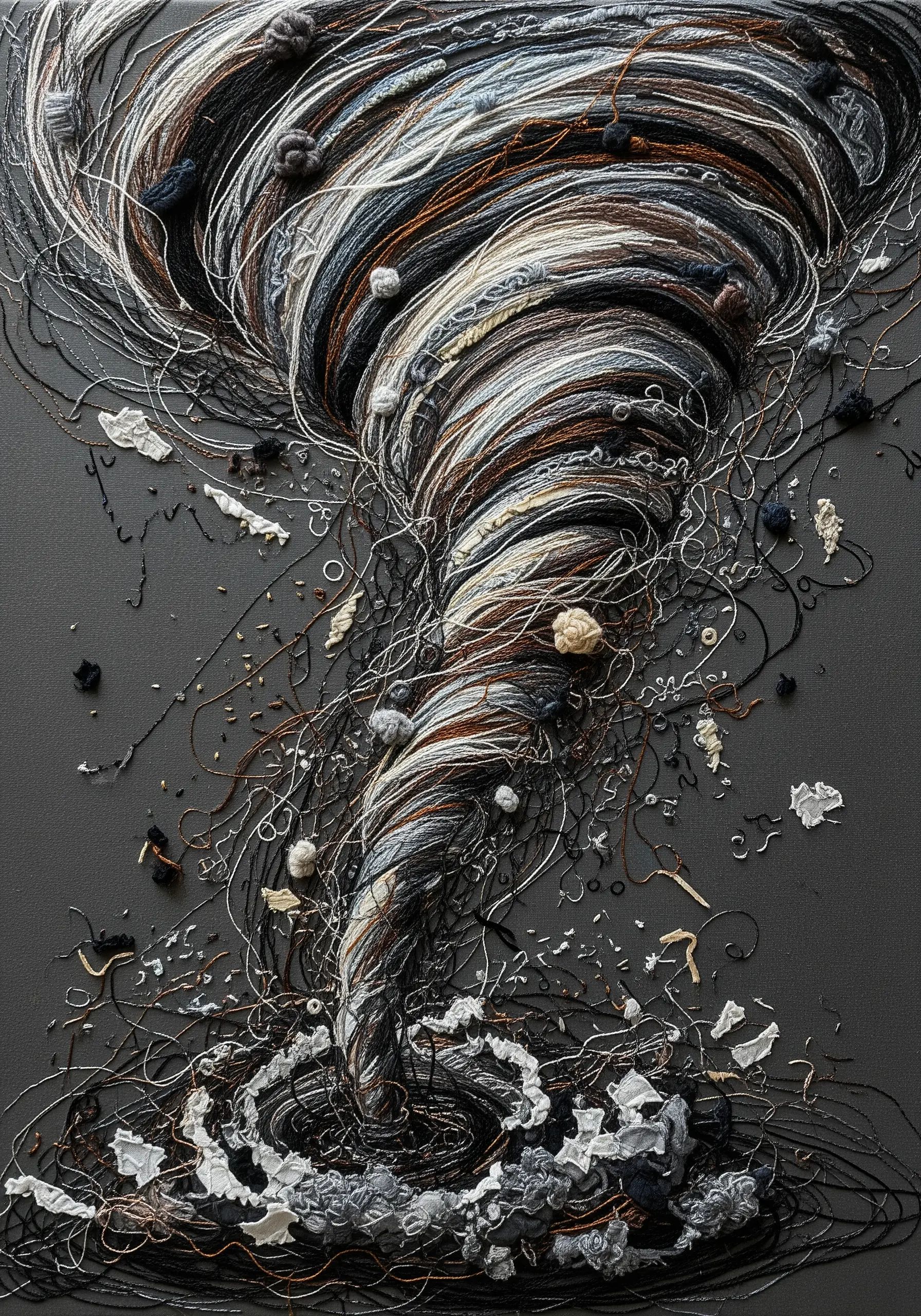 A highly textural and abstract embroidery of a tornado using tangled threads and fabric scraps.