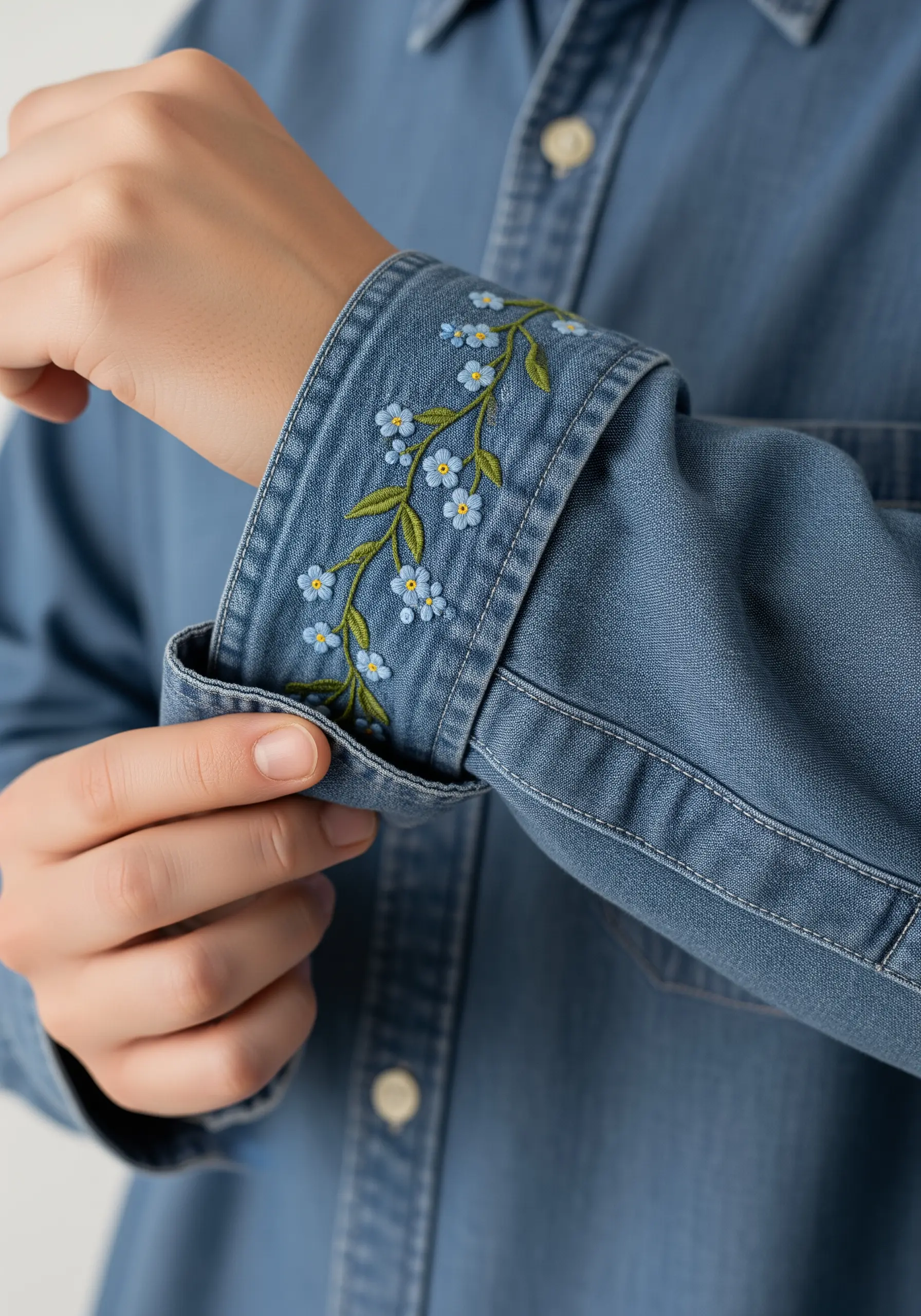 Blue and yellow forget-me-nots embroidered on a denim shirt cuff.