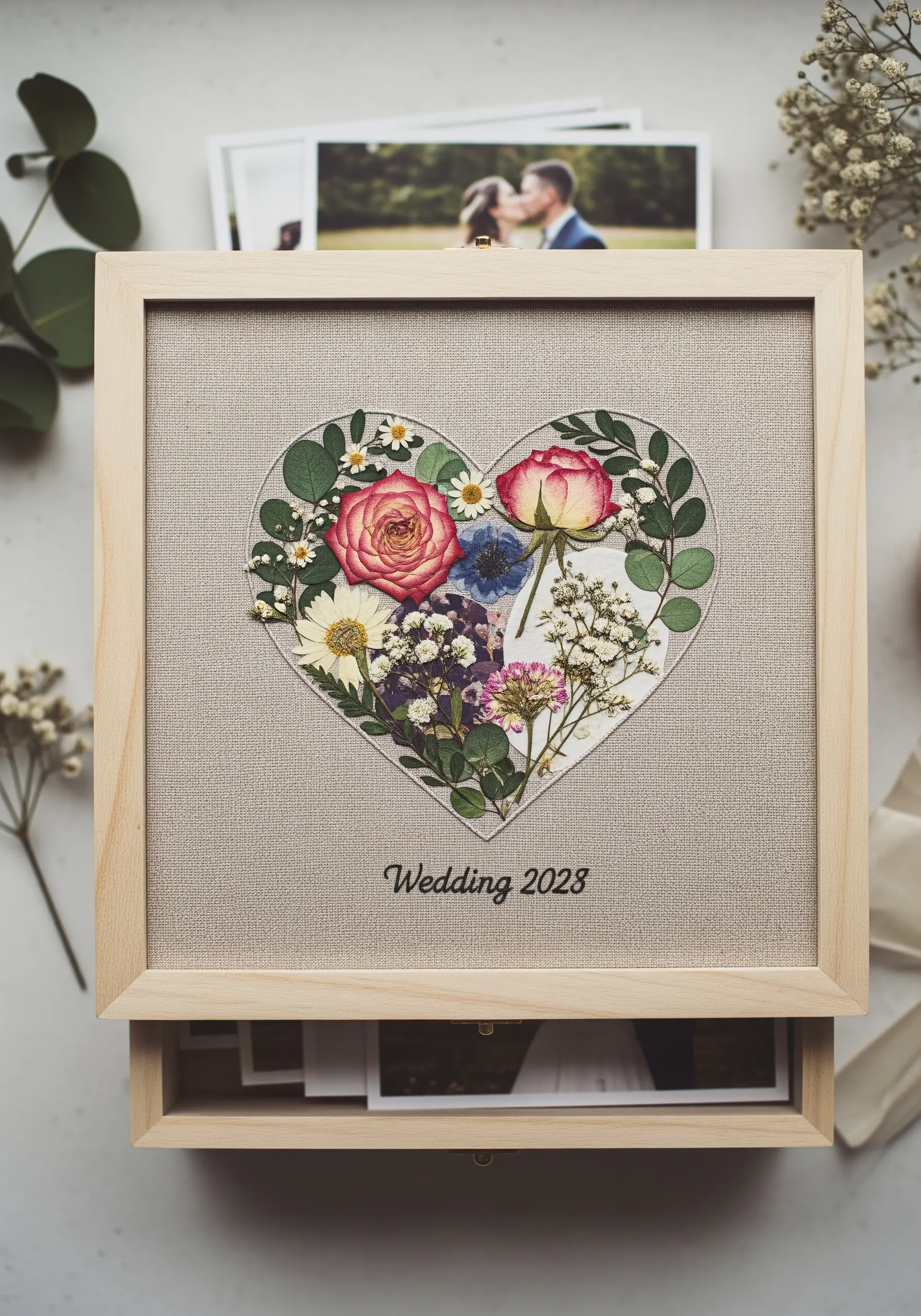 A wooden keepsake box with a heart-shaped arrangement of pressed flowers on a fabric-covered lid.