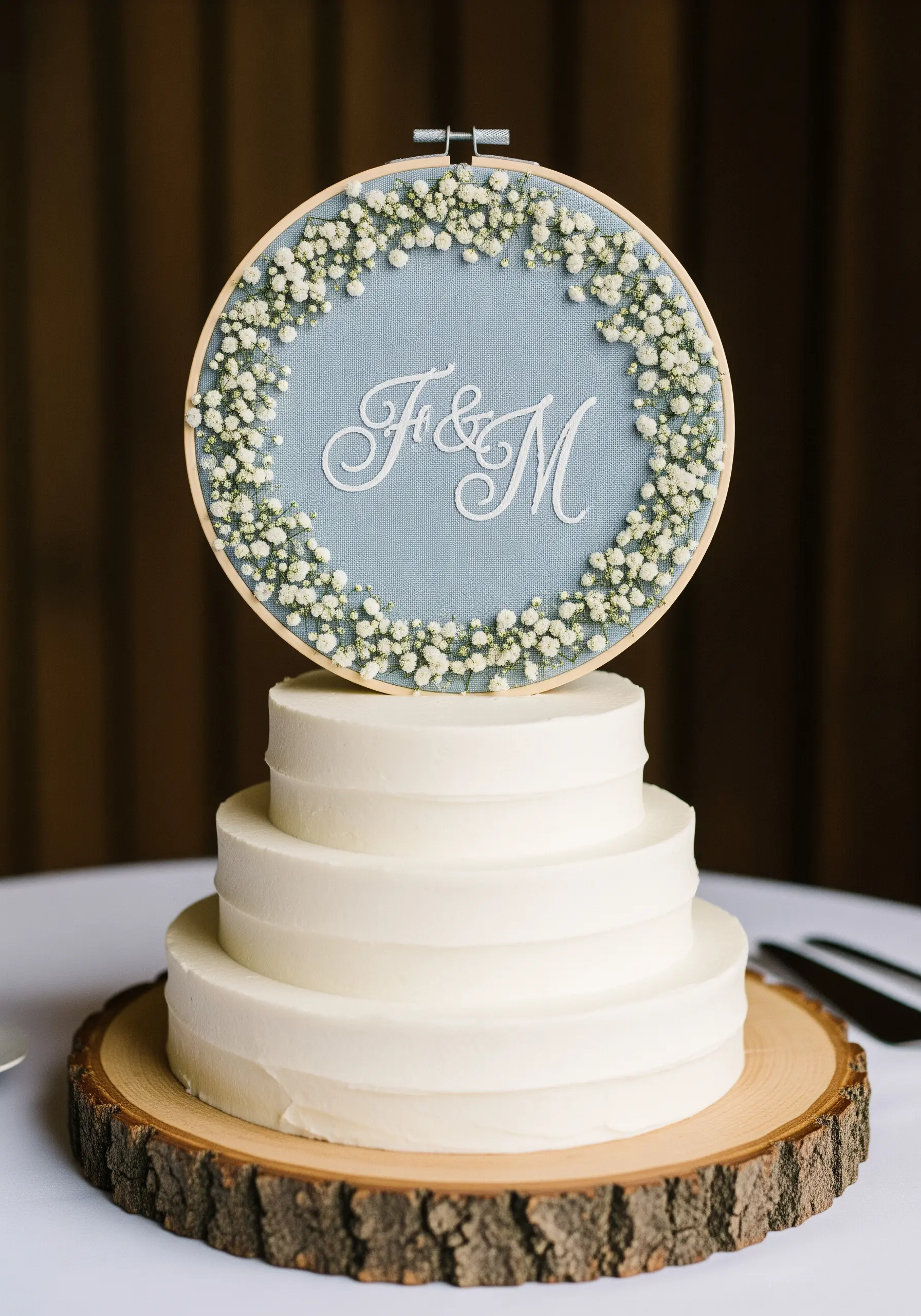 An embroidery hoop with a monogram and baby's breath border used as a wedding cake topper.