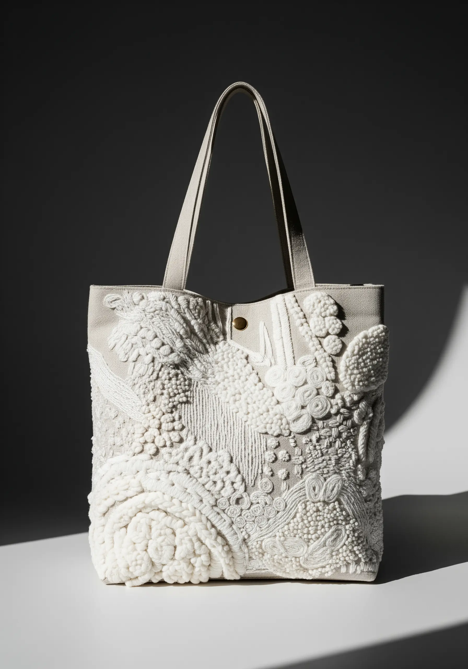 An abstract, all-white textural embroidery design on a tote bag using various knots and stitches.