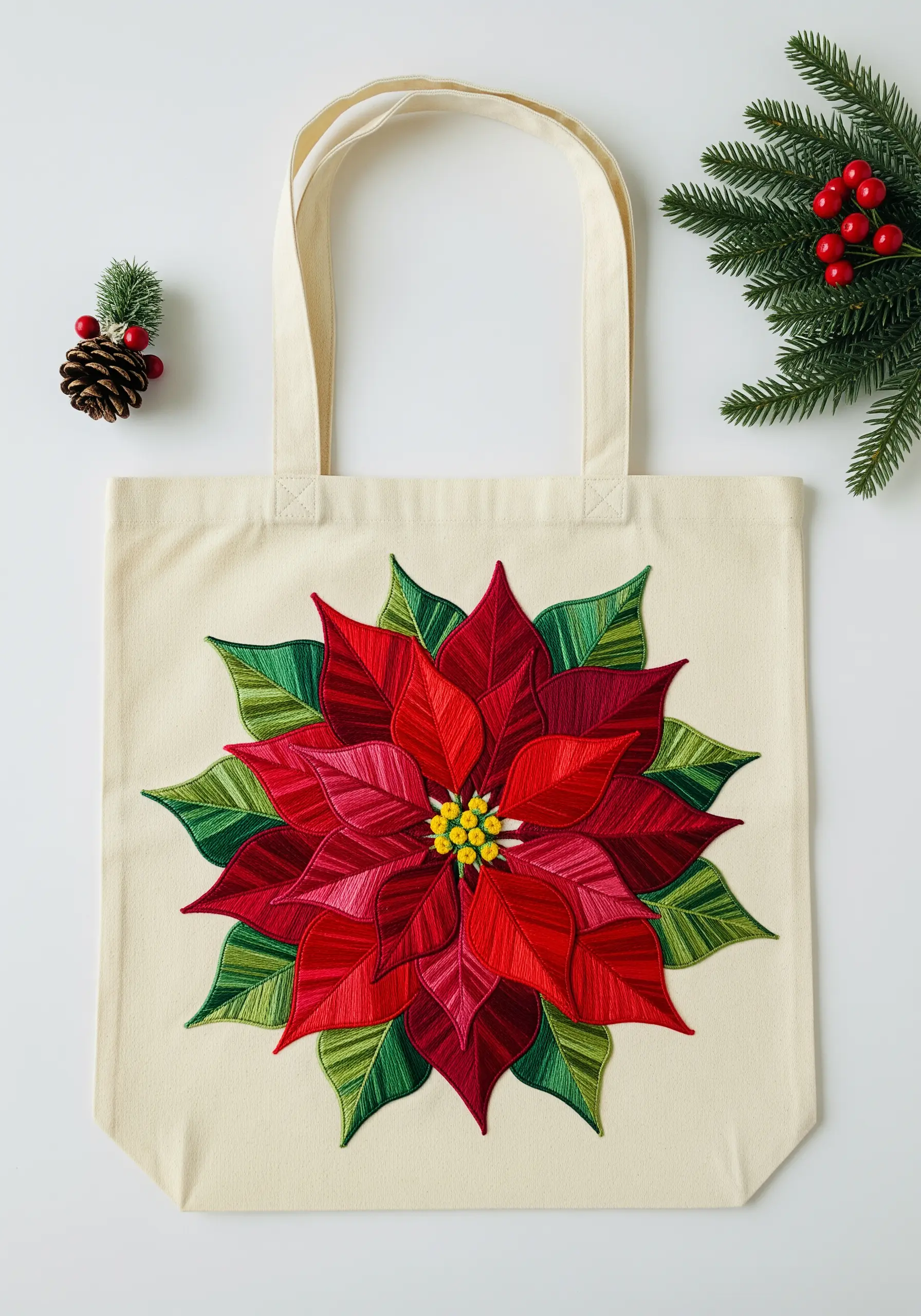A large, vibrant red and green poinsettia with layered petals embroidered on a canvas tote.