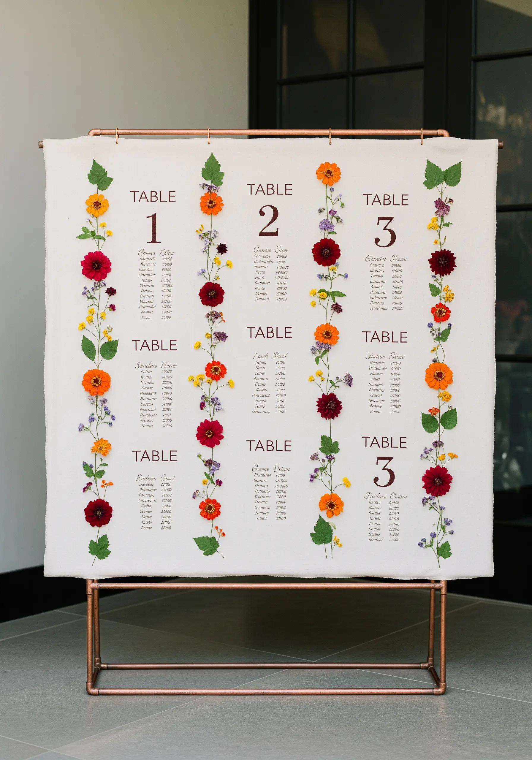 A fabric wedding seating chart with columns of pressed flowers separating the table lists.