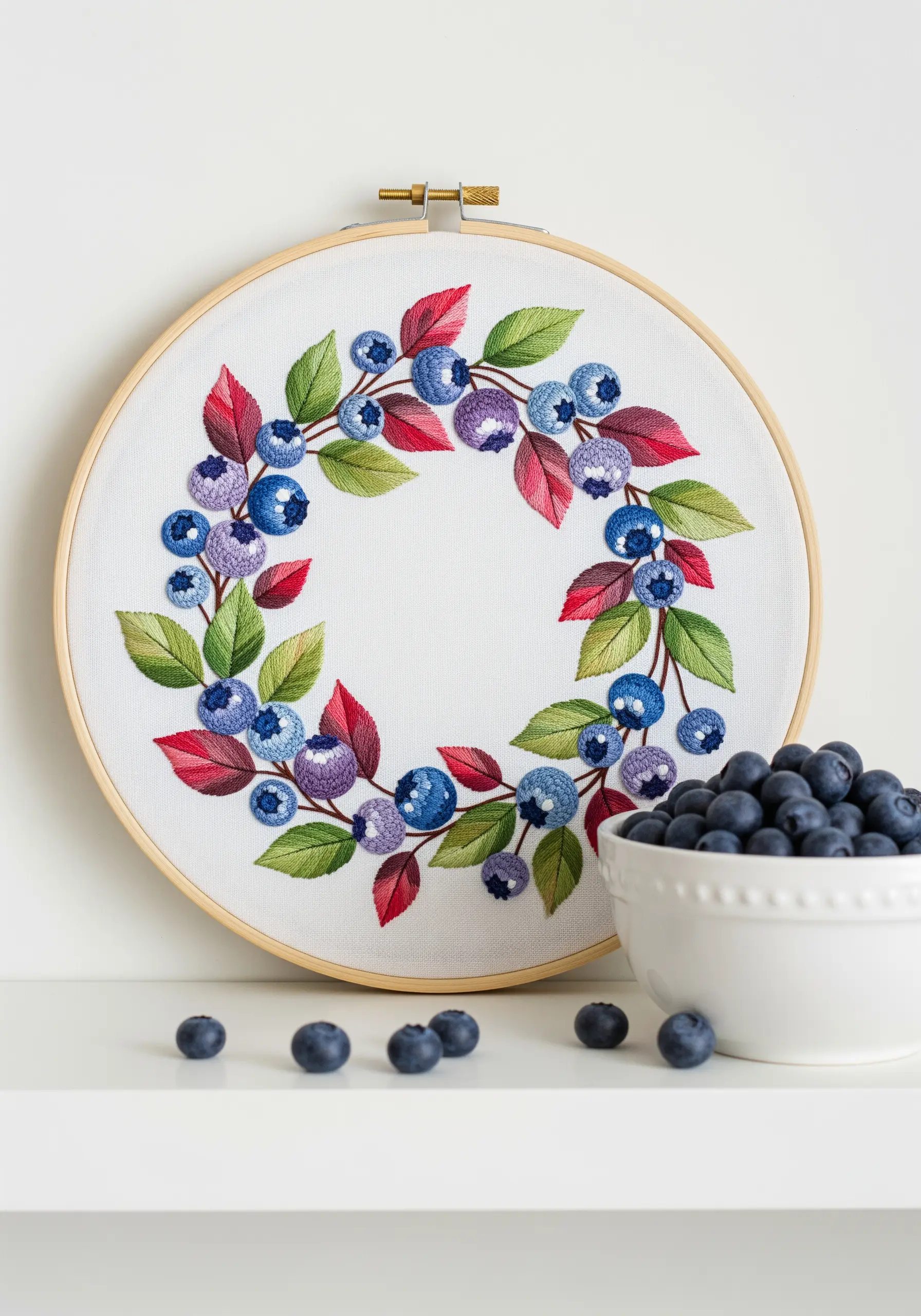 Embroidered wreath of blueberries and leaves with satin stitch highlights.