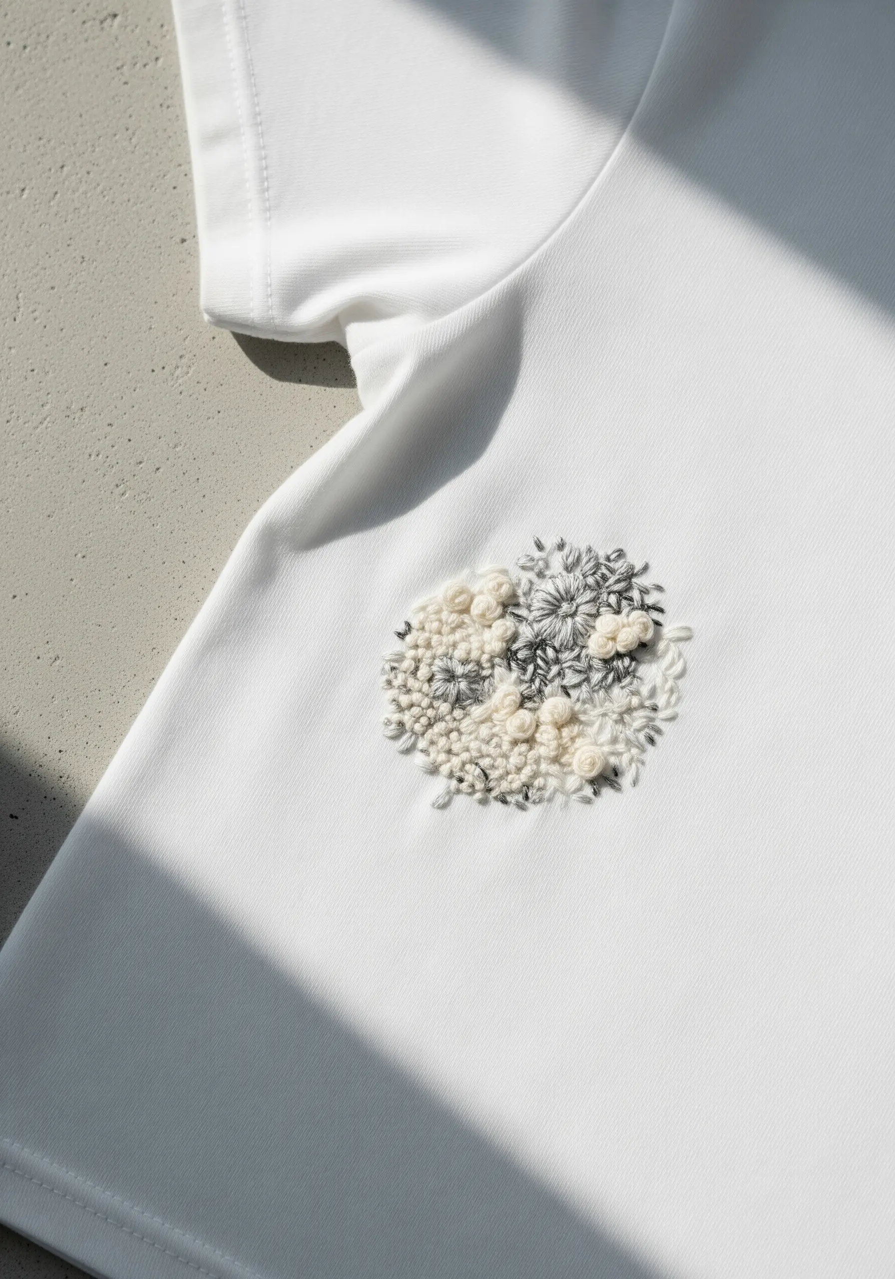A small, circular cluster of textured embroidery in neutral tones.