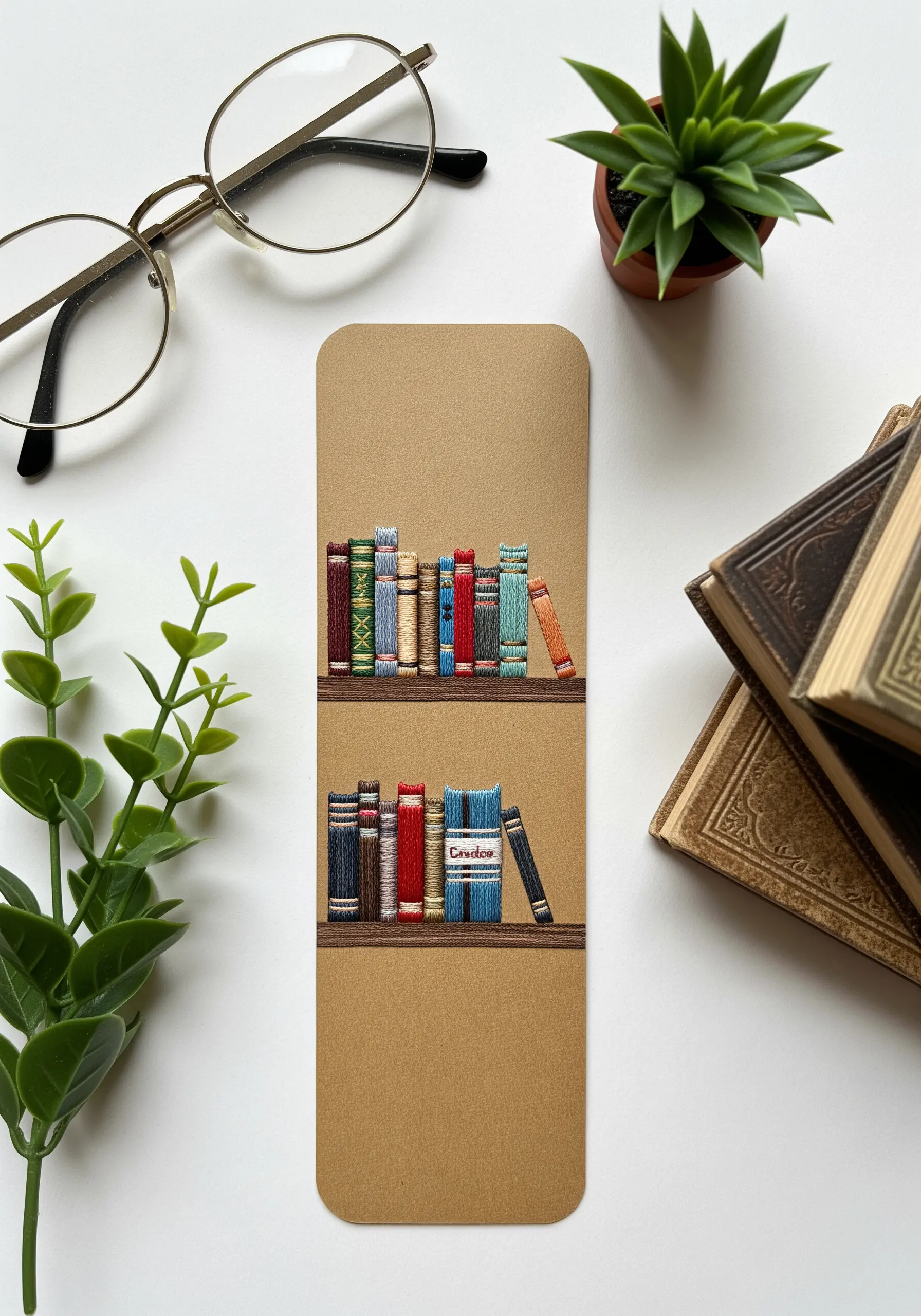 Miniature embroidered bookshelf on a kraft paper bookmark, detailed with tiny satin stitches.