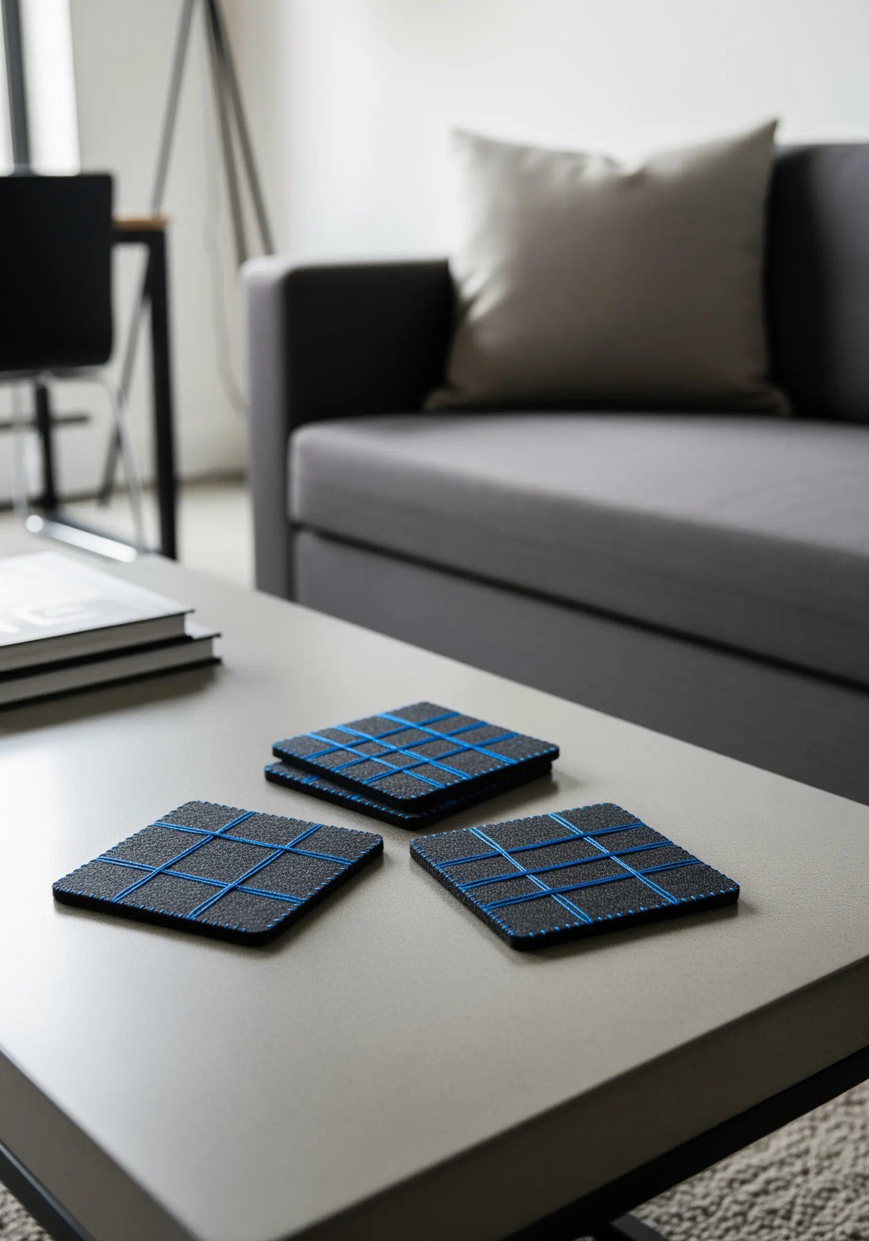 Dark gray coasters with a raised grid pattern made from bright blue thread.