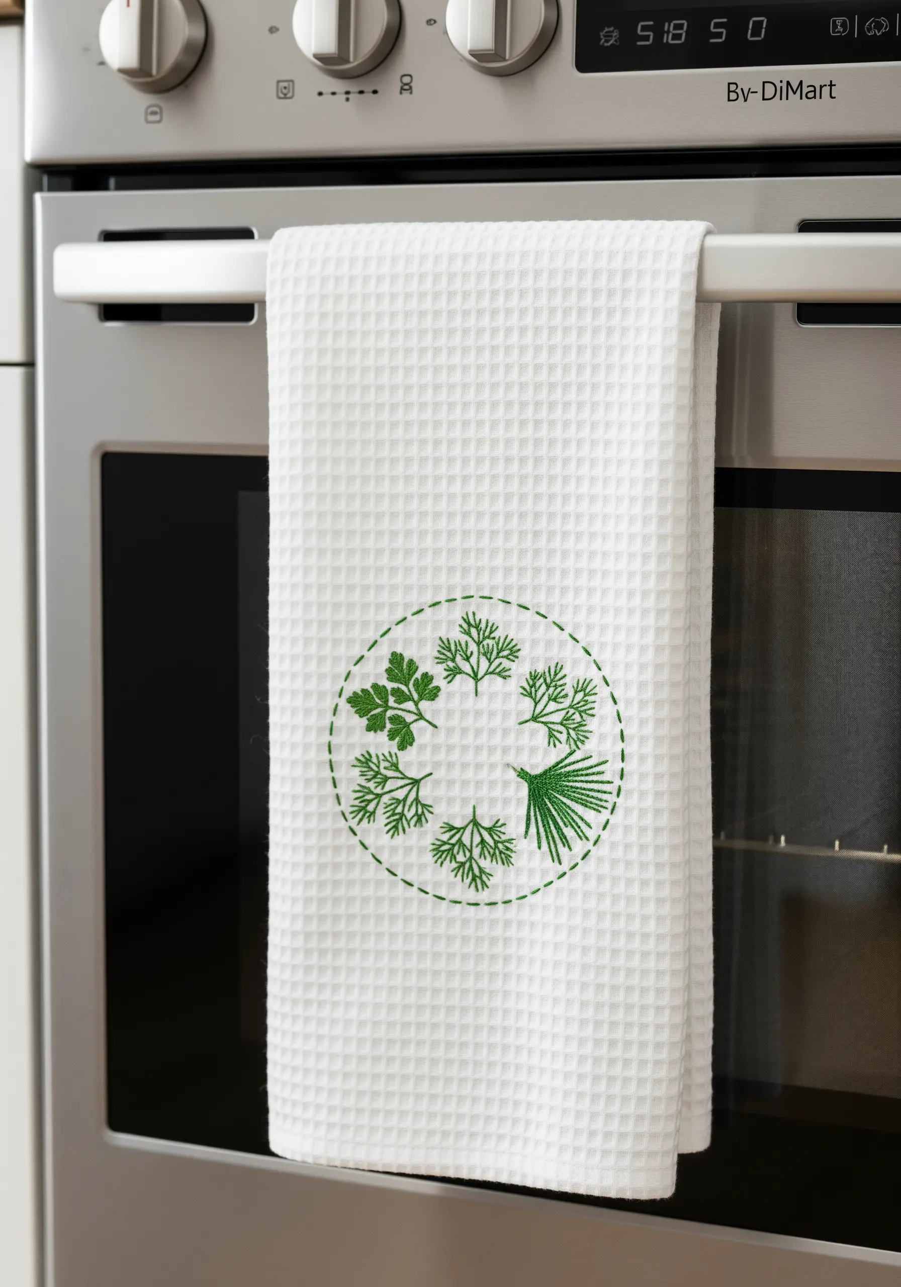 A simple green embroidery of an herb wreath on a white waffle weave kitchen towel.