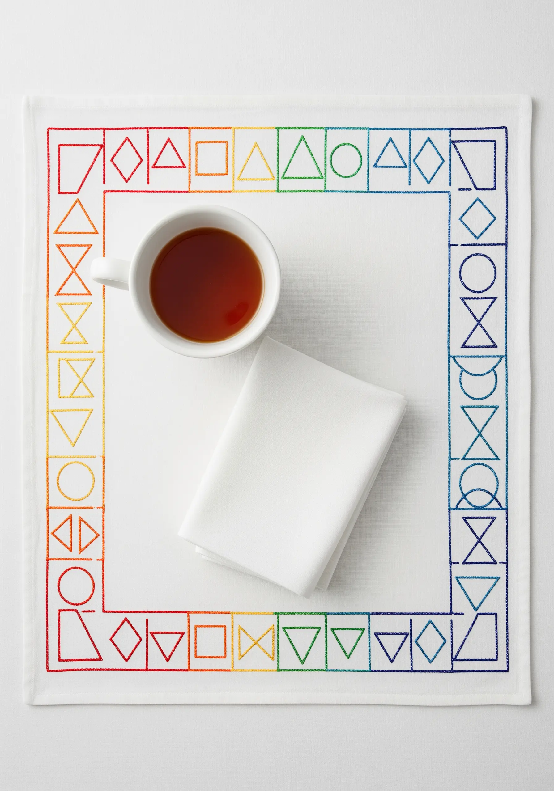 A placemat border of geometric shapes stitched in a rainbow color gradient.