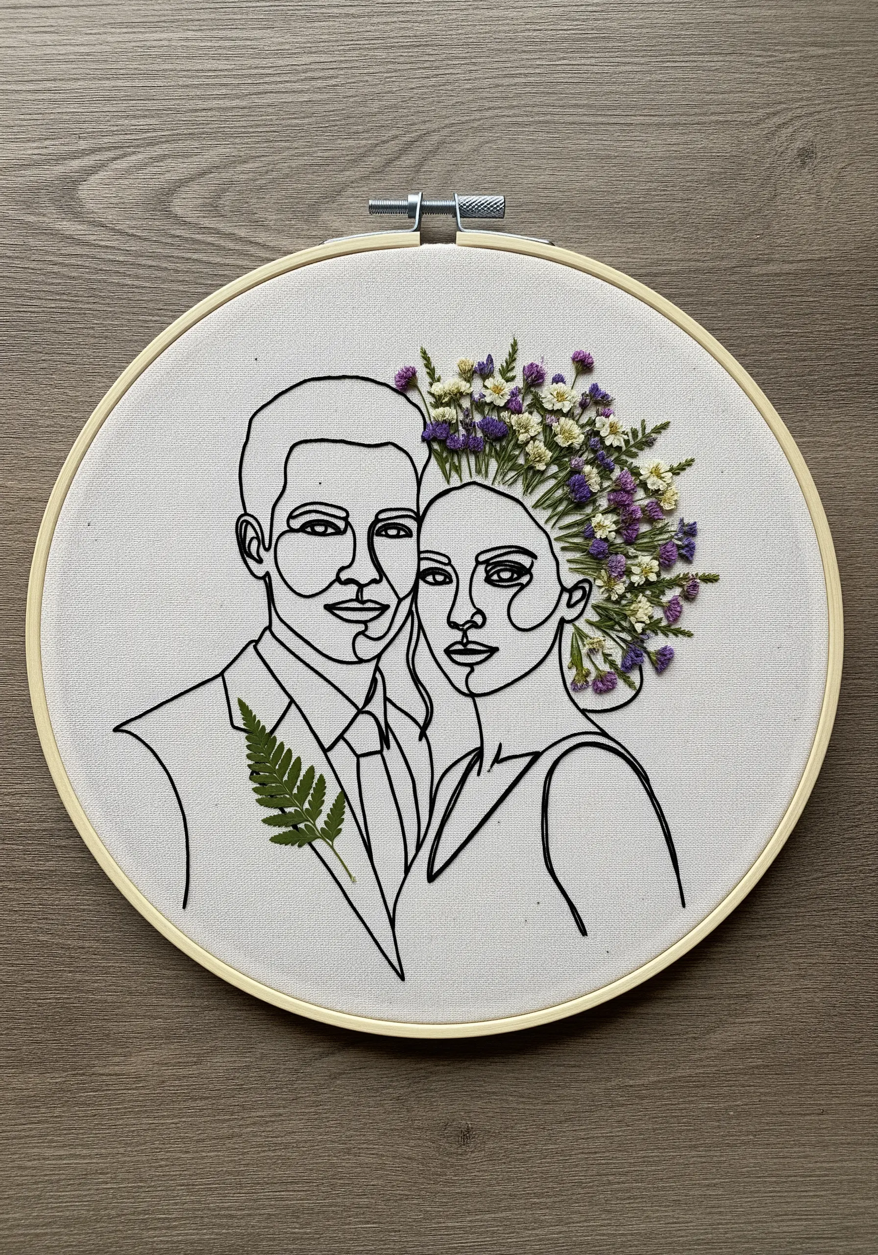 A minimalist line art embroidery portrait of a couple, with the bride wearing a crown of pressed flowers.