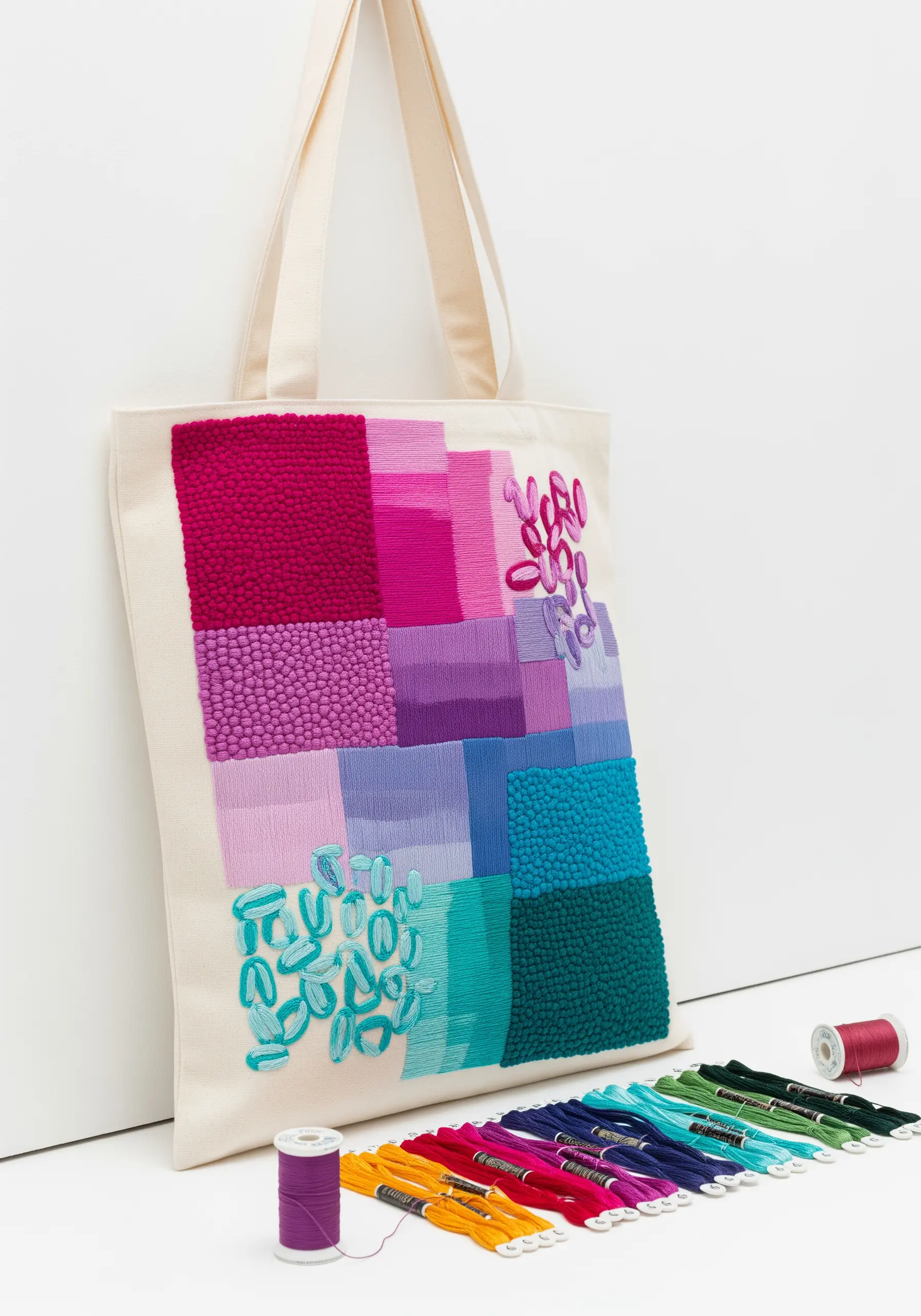 An abstract color-block design on a tote bag filled with various textured embroidery stitches.