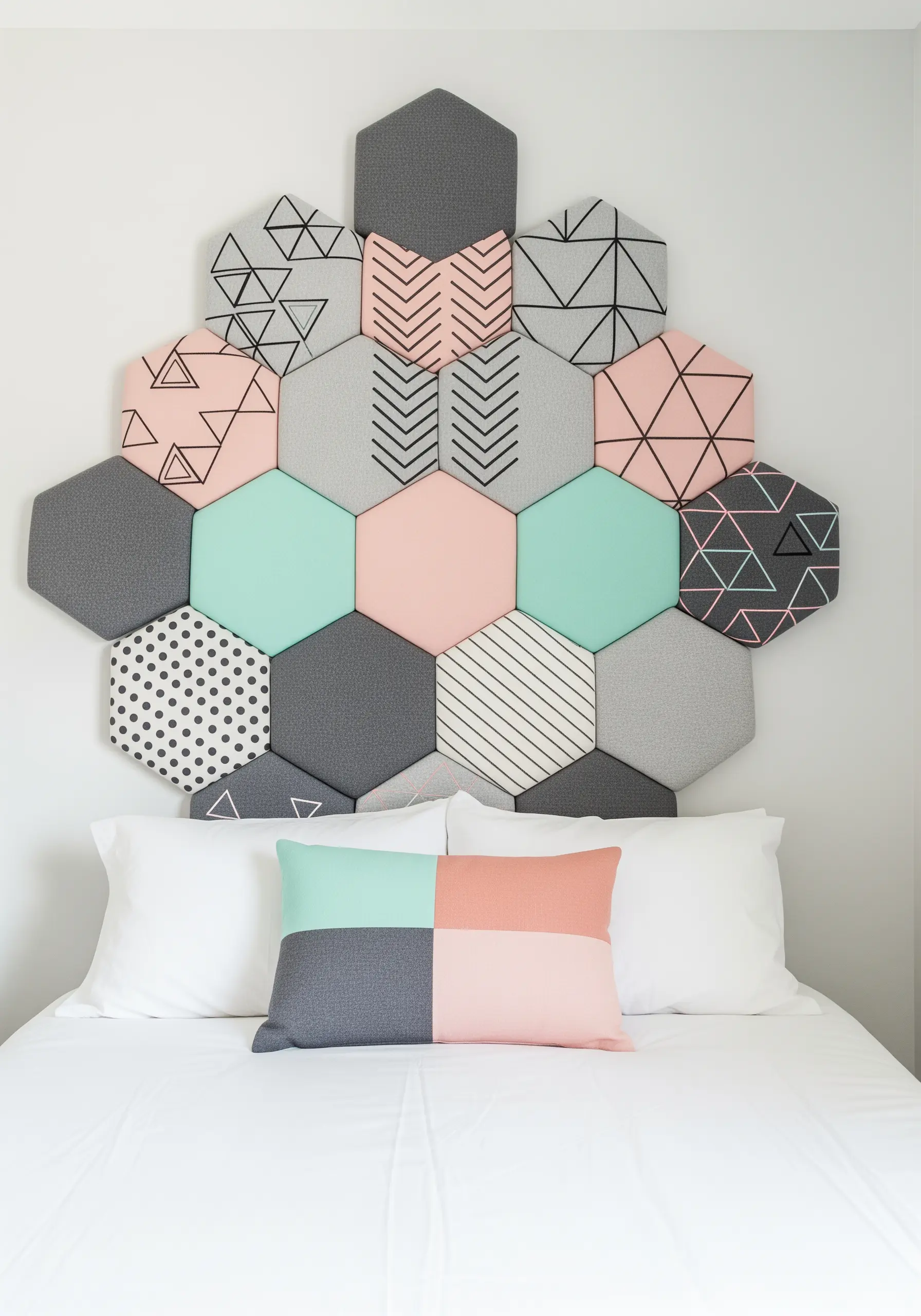 A modular headboard made of upholstered hexagons in pink, mint, and grey with geometric embroidery.