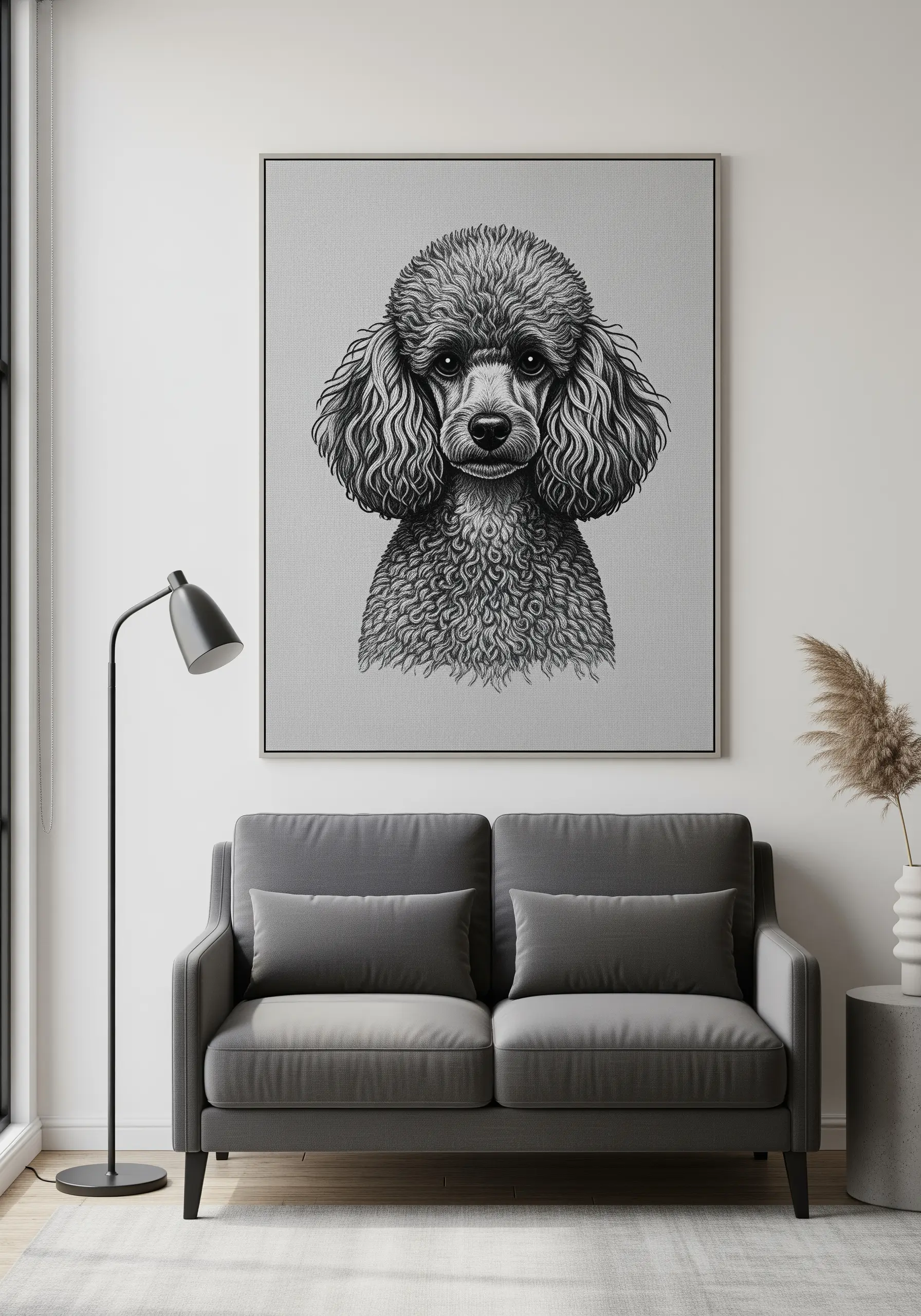 A monochrome poodle portrait with highly textured stitching to create curly fur.
