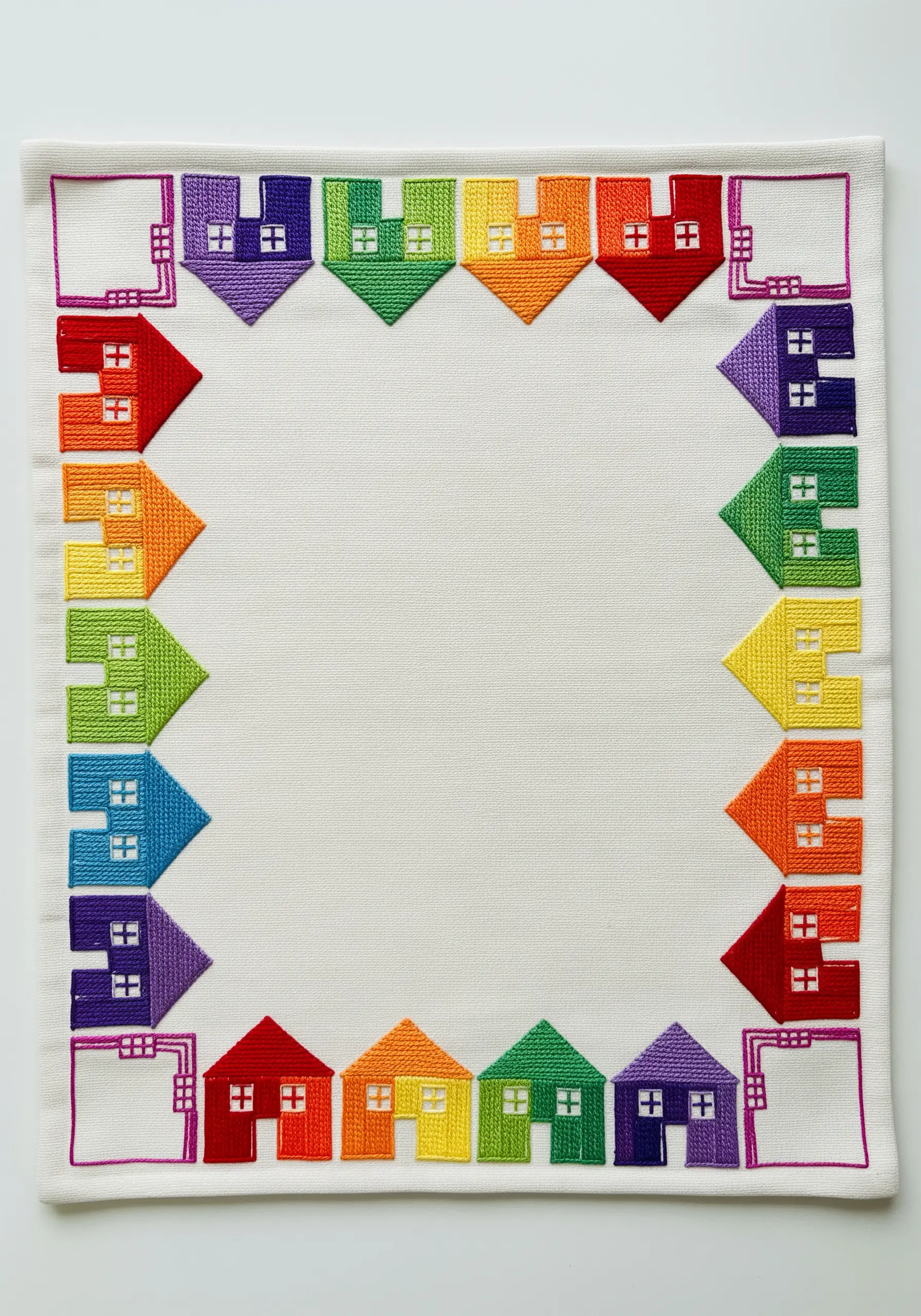 A border of colorful rainbow houses created with satin stitch on a placemat.