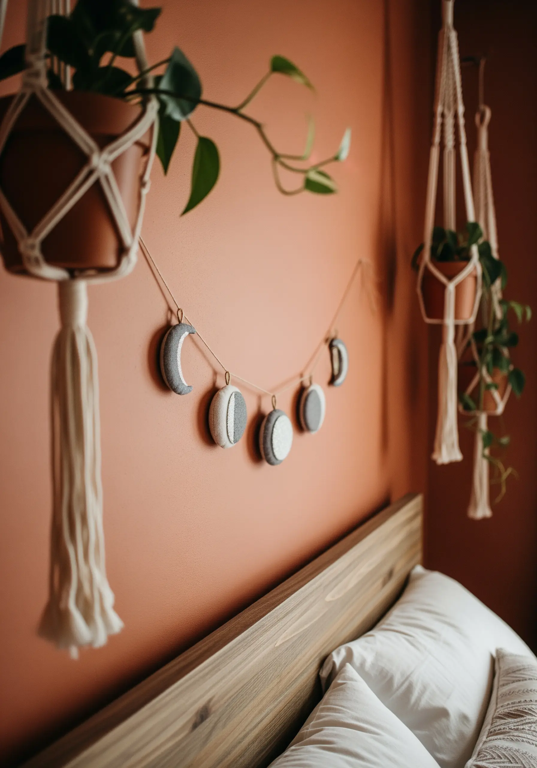 A garland of small, stuffed, and textured moon phase ornaments hanging on a wall.