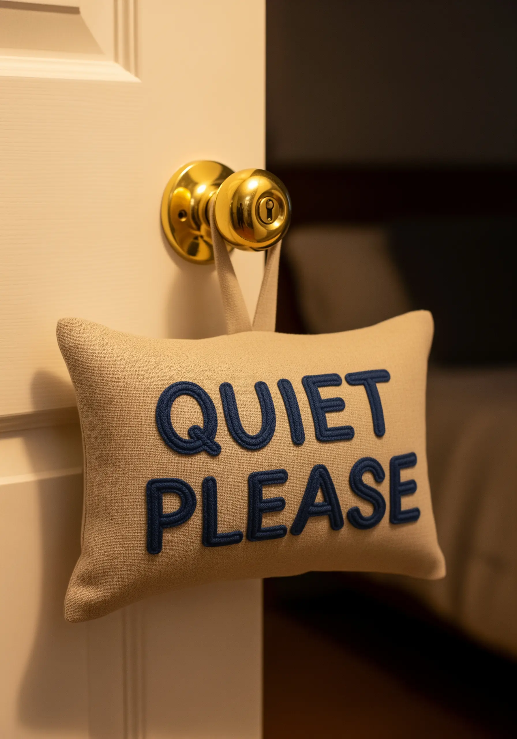 A padded door hanger with the words 'Quiet Please' embroidered in raised, navy blue letters.