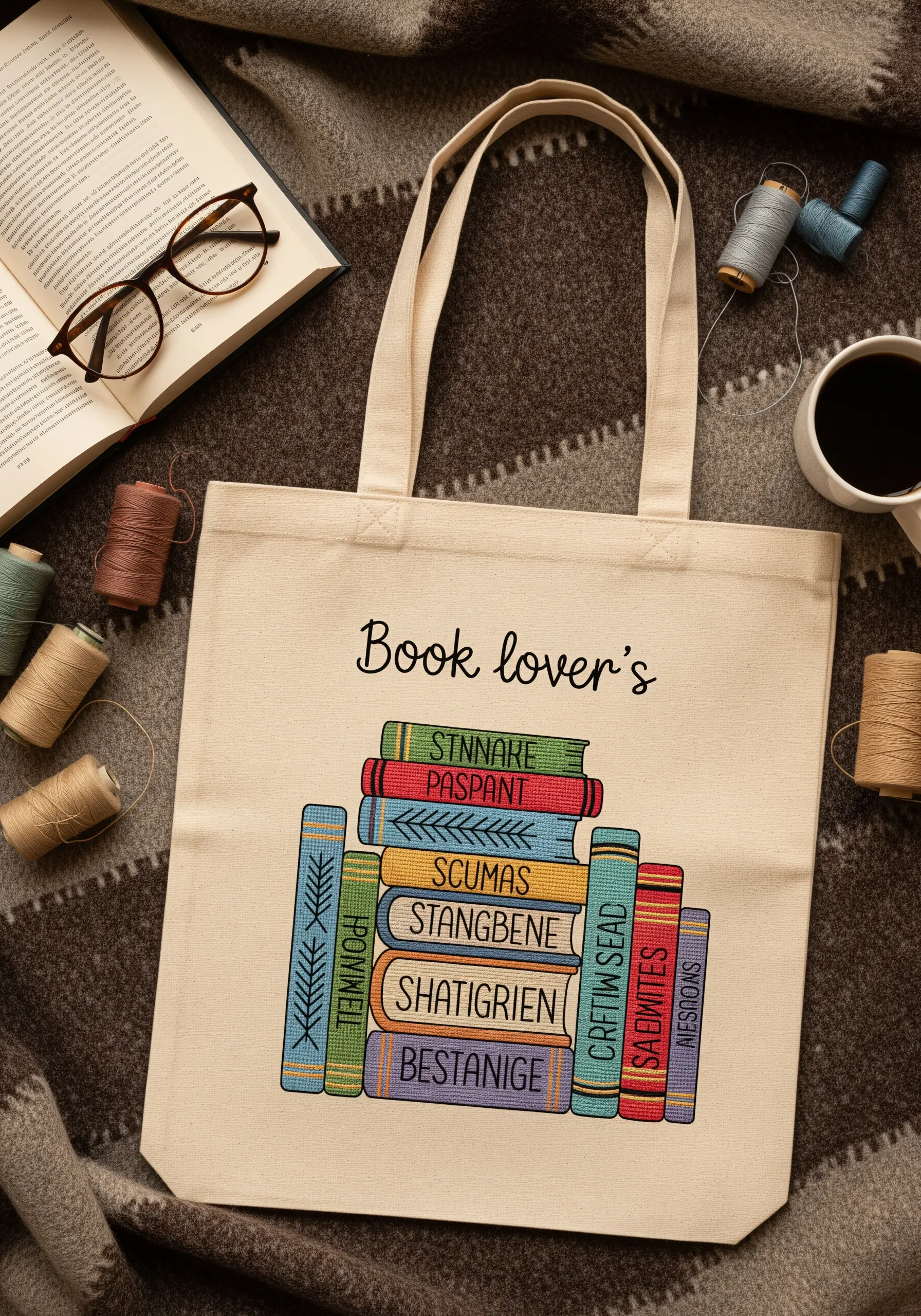 An embroidered stack of colorful books with whimsical titles on a tote bag.