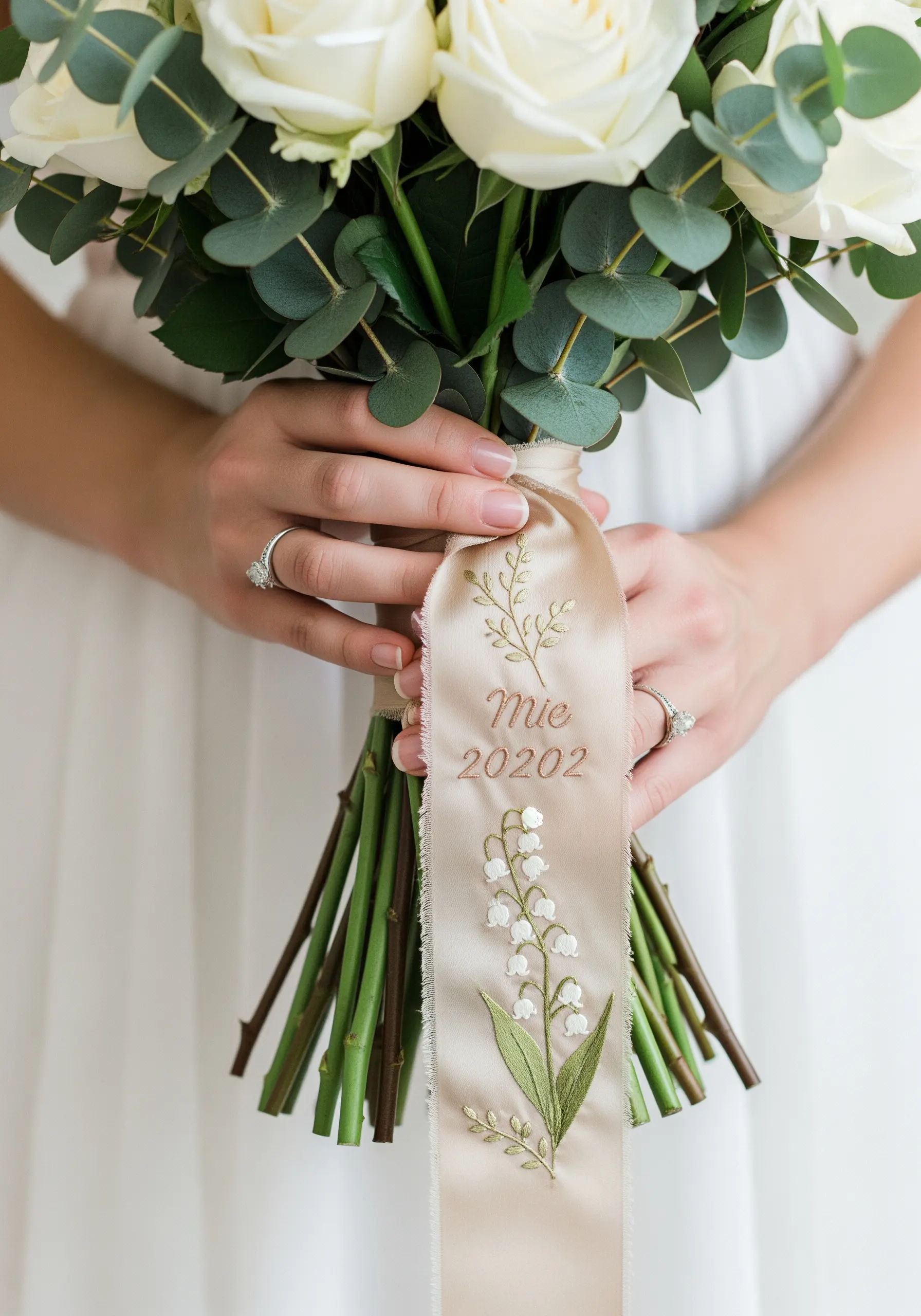 Satin bouquet ribbon embroidered with lily-of-the-valley, a name, and a date.