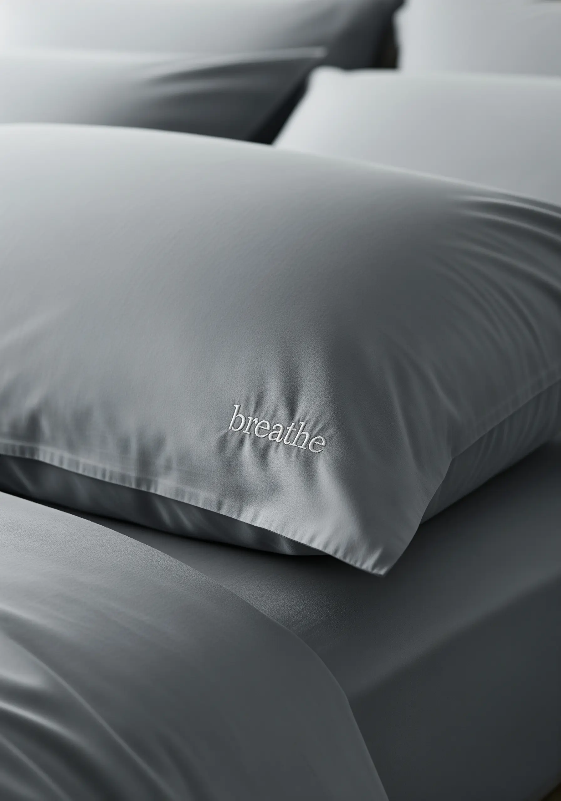The word breathe embroidered in delicate white script on a gray pillowcase.