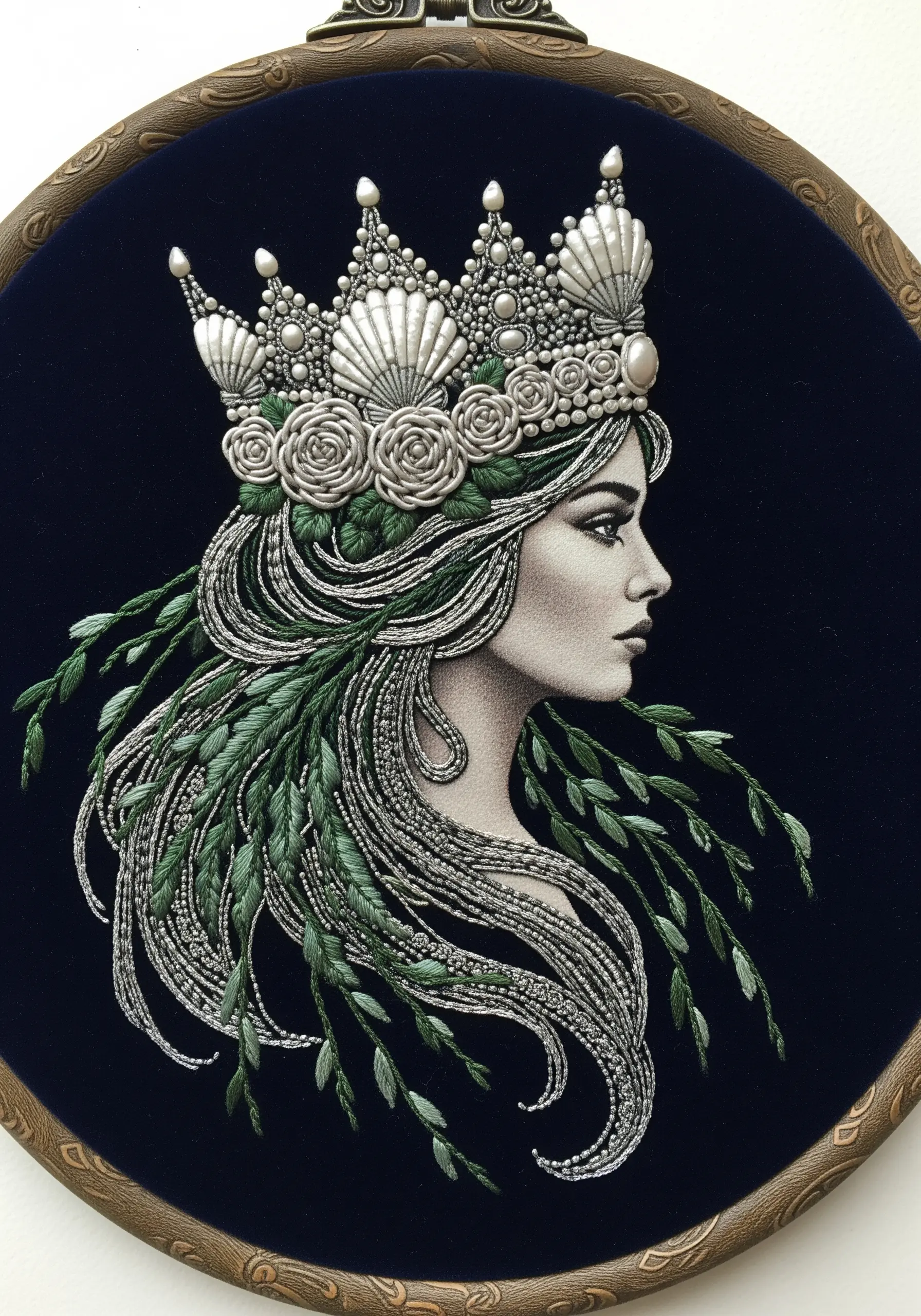 A mermaid portrait with an intricate 3D crown made of embroidered shells and woven roses.