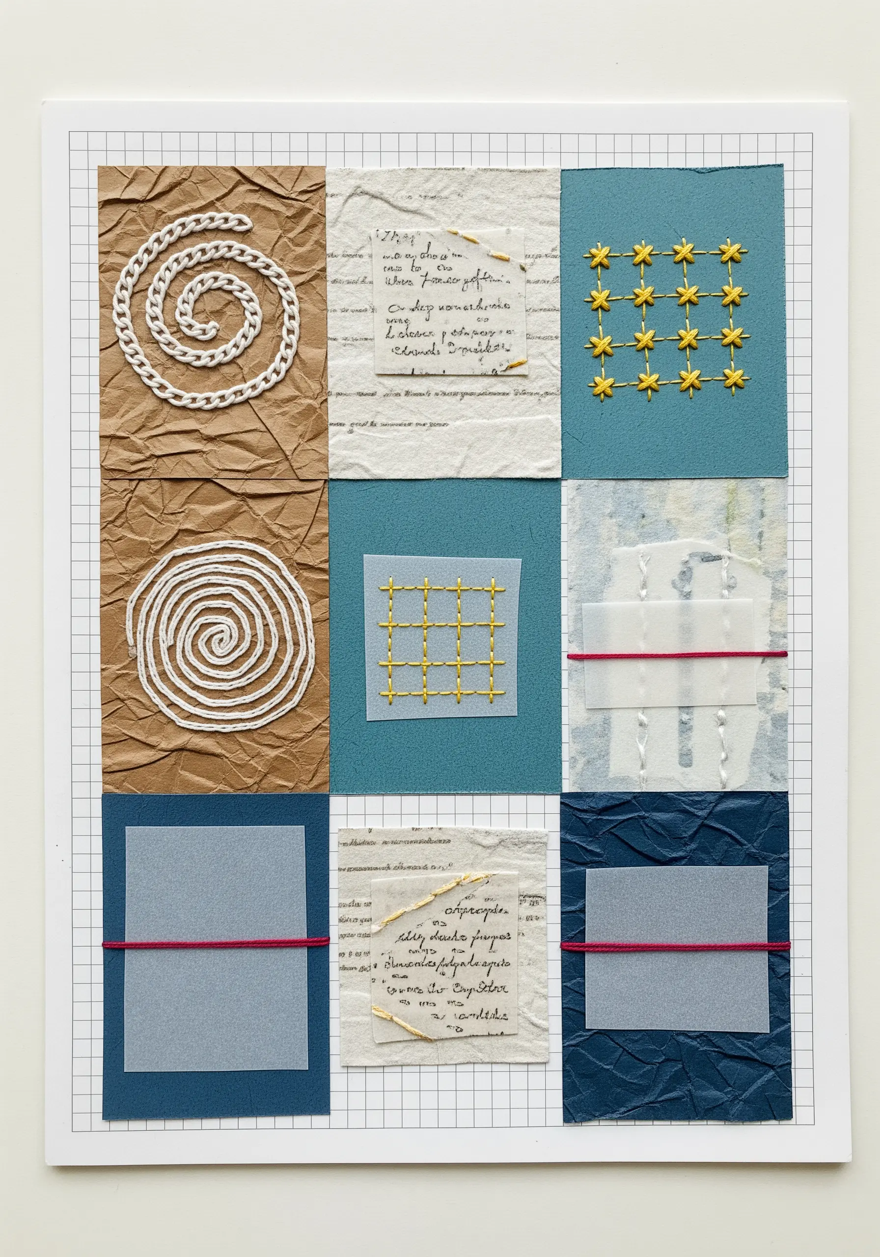 A nine-square grid showcasing different embroidery stitches on various types of paper.