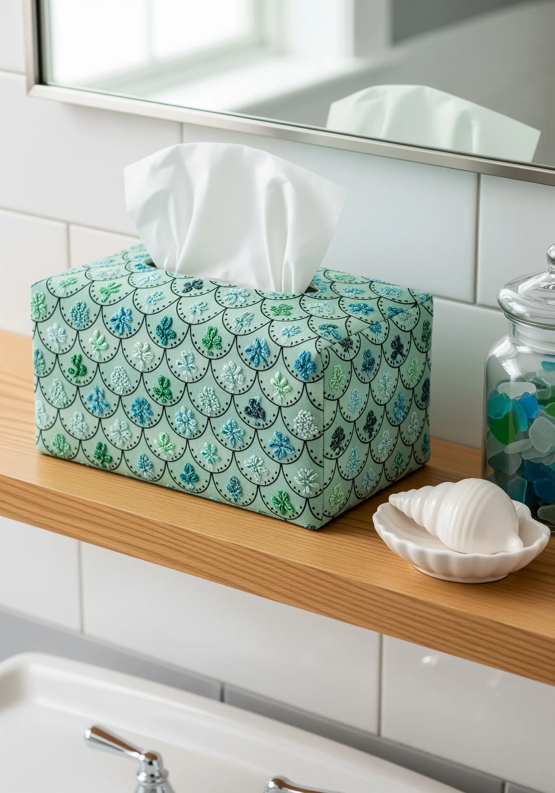 A tissue box cover with an embroidered pattern of blue and green scalloped scales.