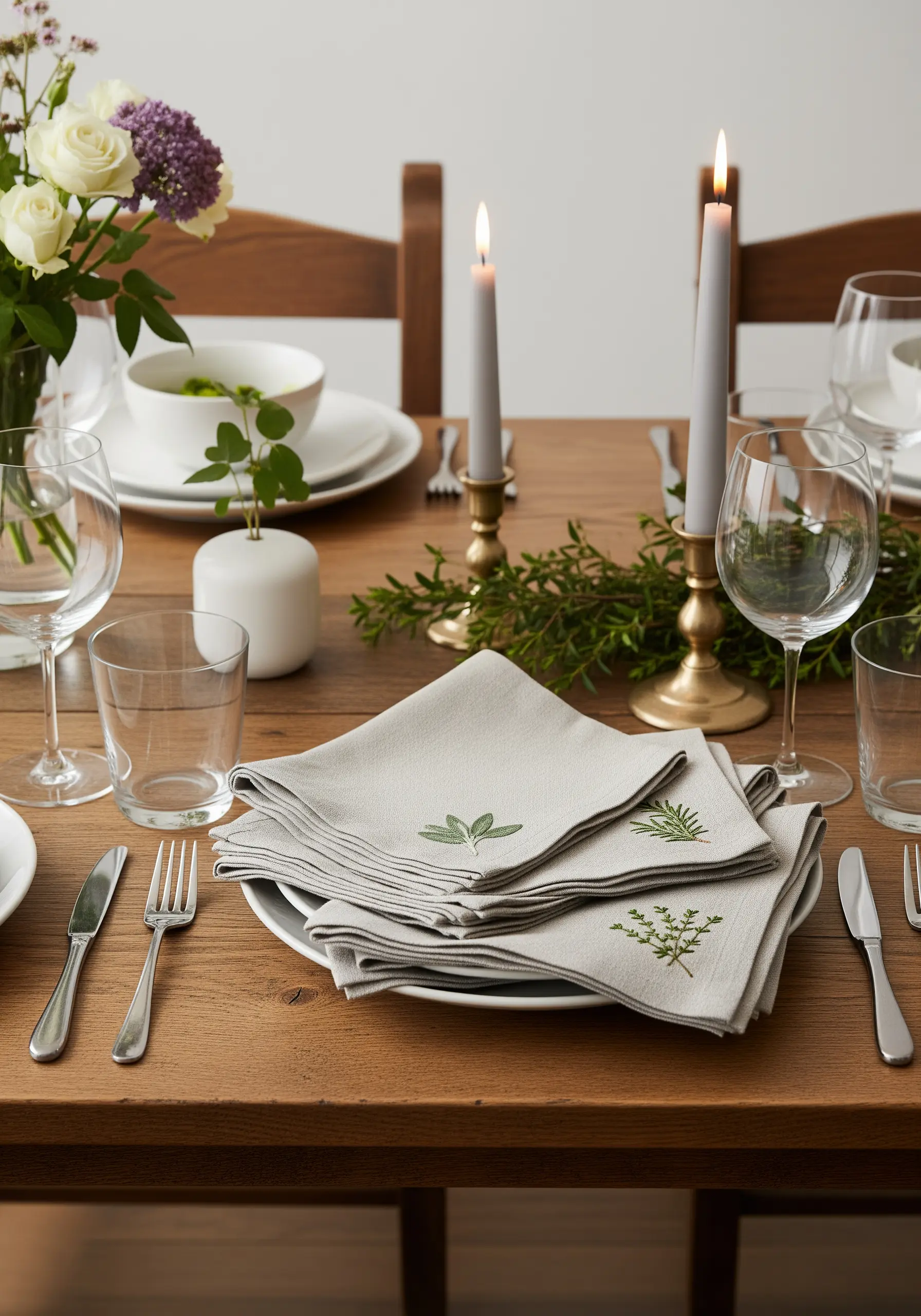 Linen napkins each embroidered with a different tiny green botanical sprig.