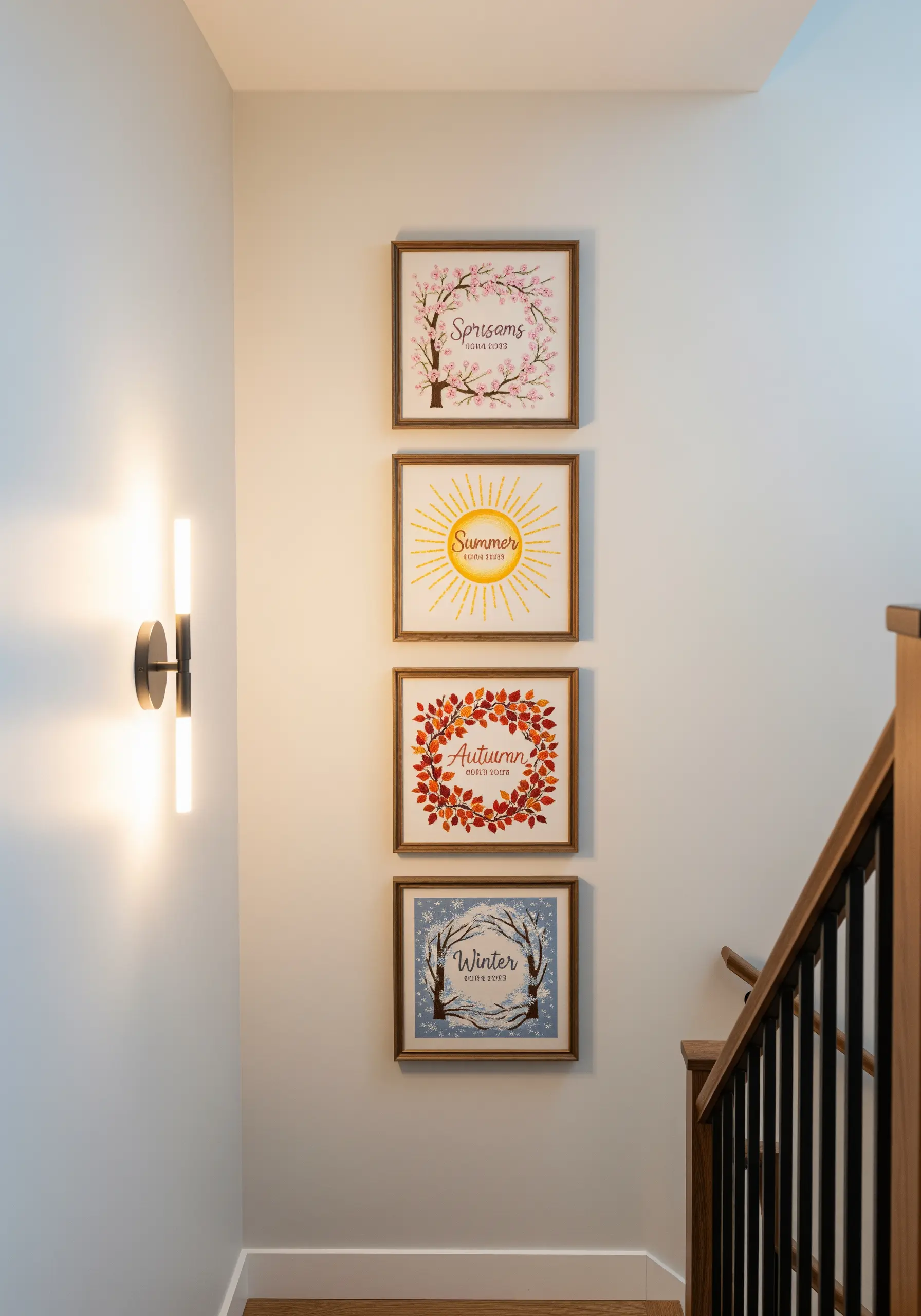 Four framed embroidery pieces, each representing a season, hanging vertically on a wall.