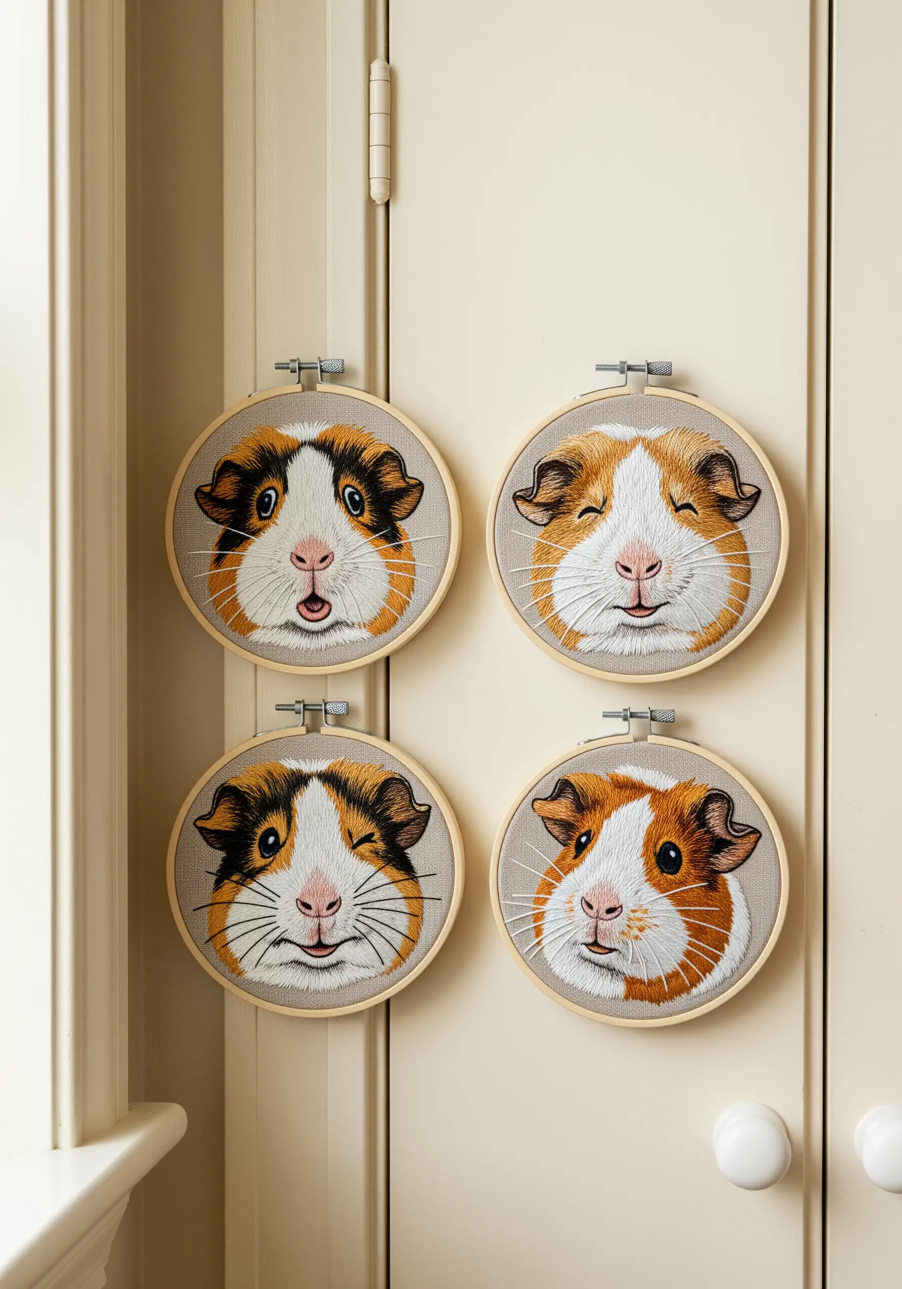 Four embroidered guinea pig portraits showing different facial expressions.