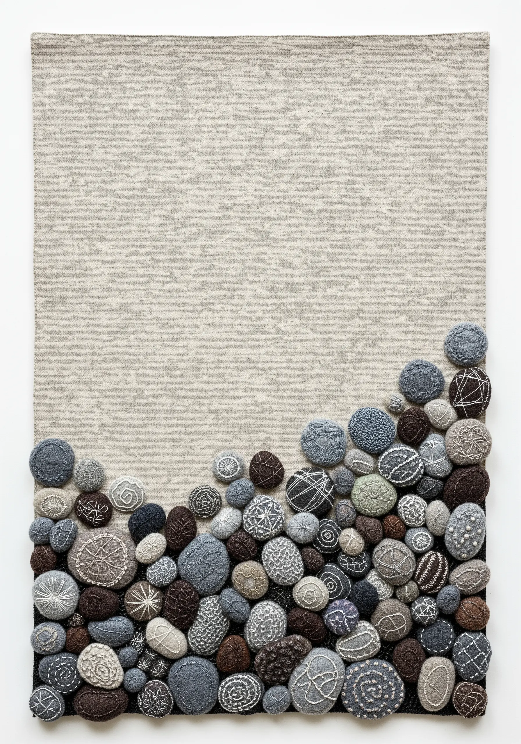 A collection of 3D embroidered pebbles in gray and brown tones, piled at the bottom of a canvas.