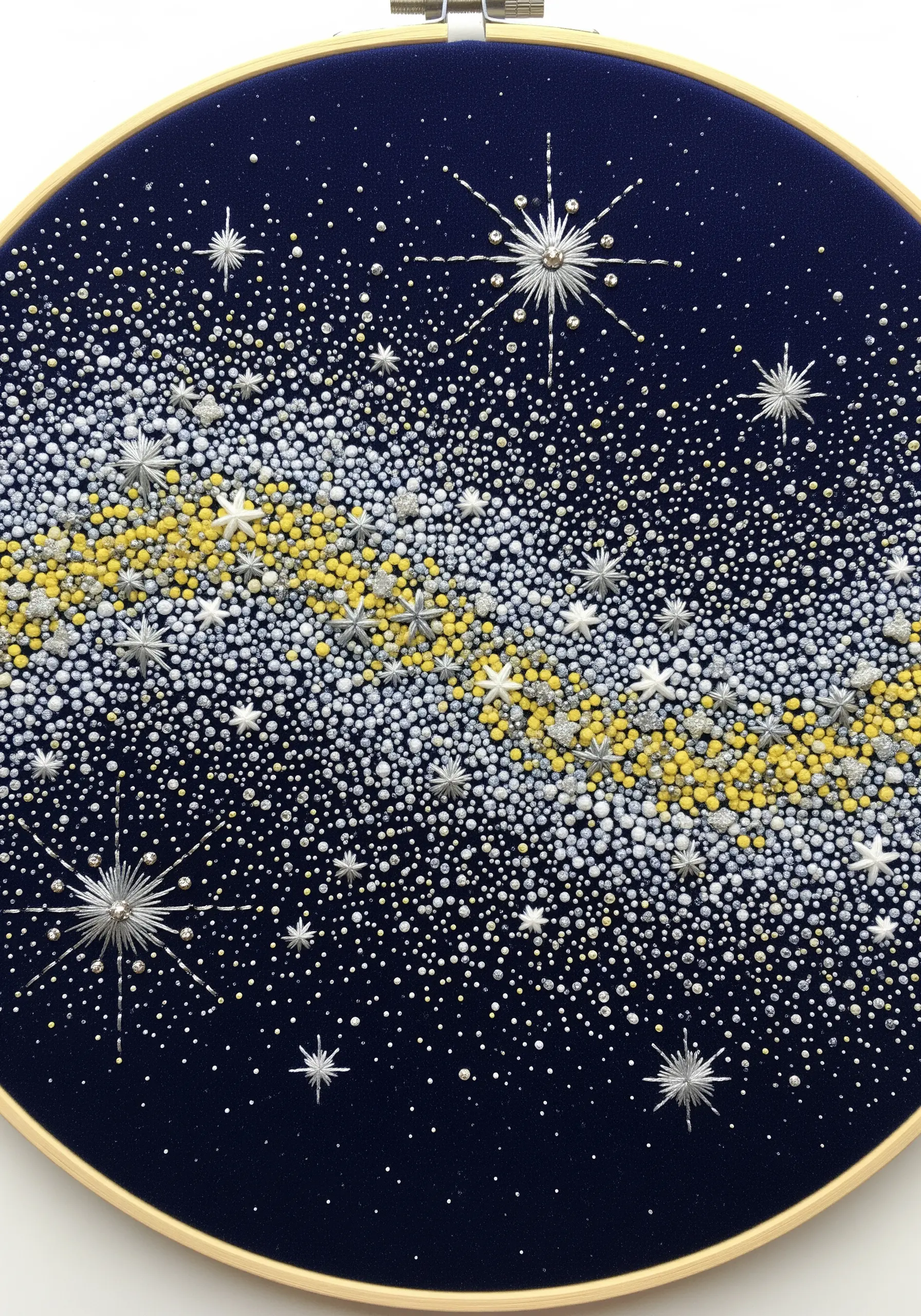 Embroidery of a galaxy with dense silver and yellow French knots and metallic star stitches.