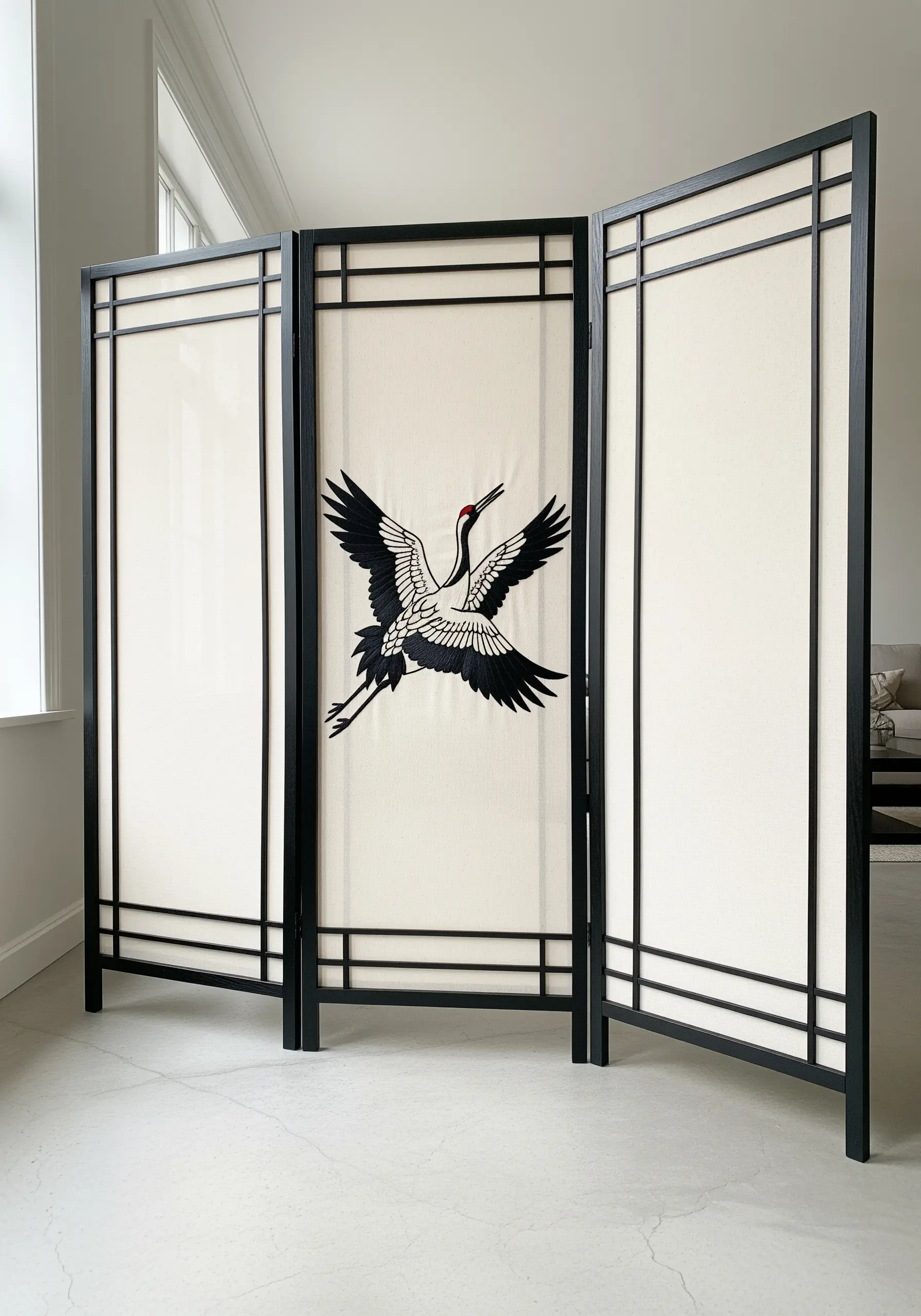 A three-panel room divider with a large, embroidered crane motif on the center panel.