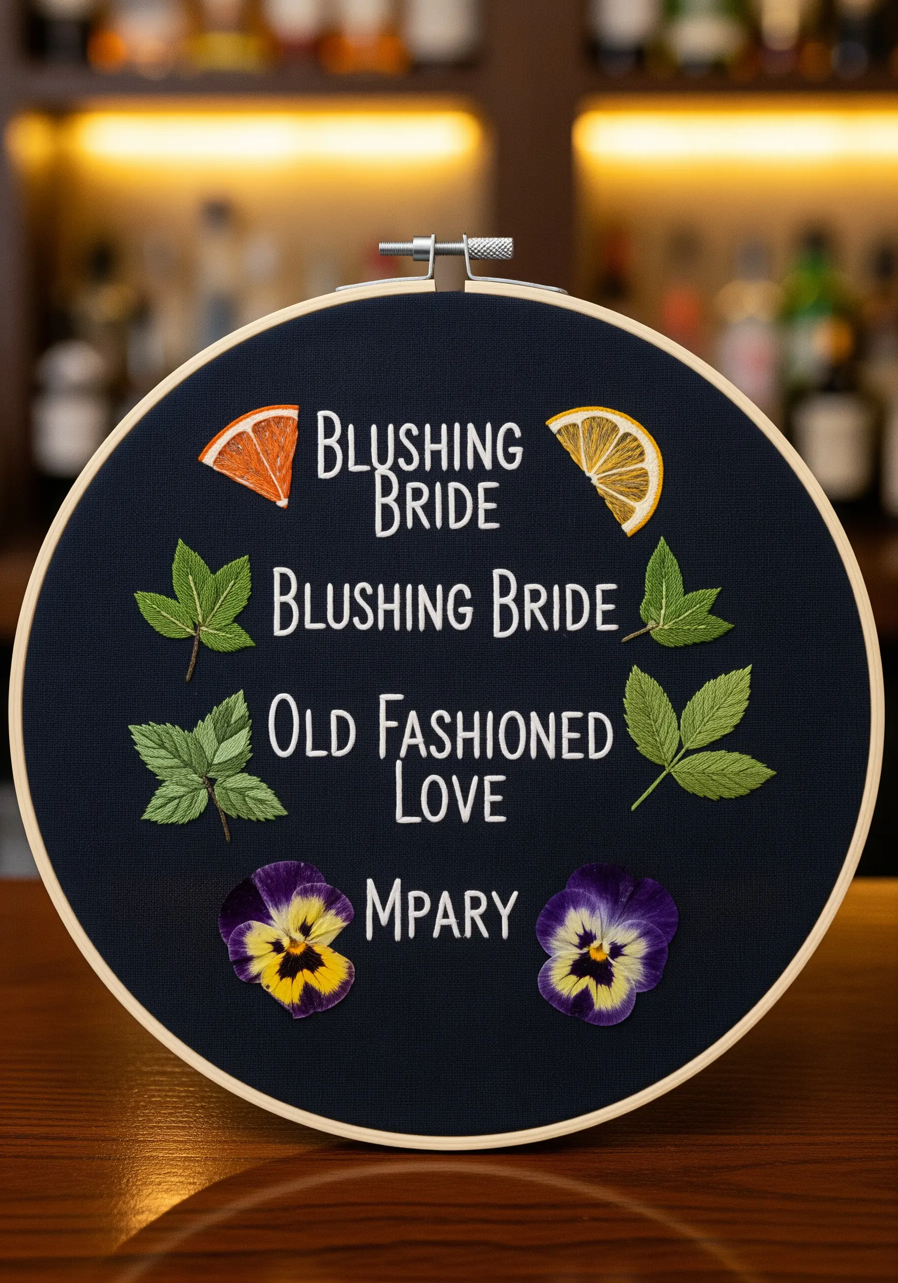 An embroidery hoop on dark fabric serving as a cocktail menu, with embroidered and pressed botanicals.