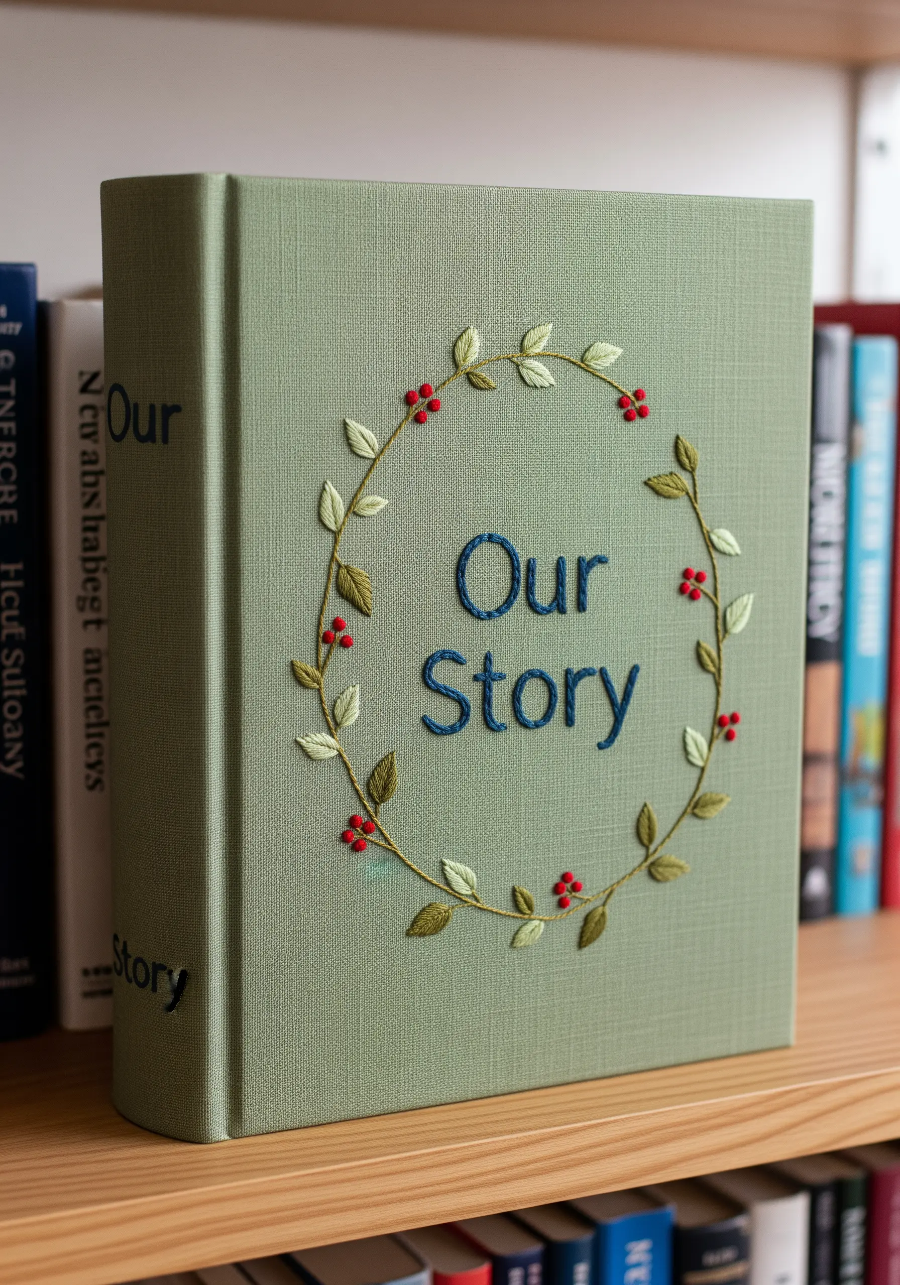 A green cloth-bound photo album with 'Our Story' and a delicate leaf wreath embroidered on the cover.