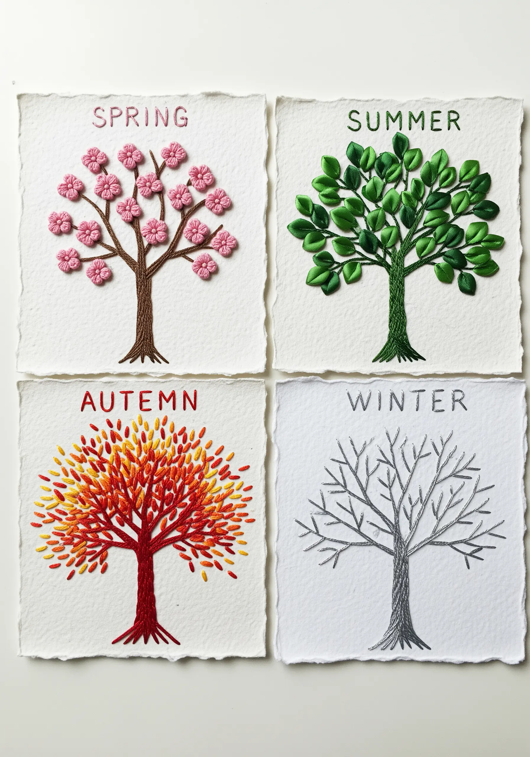 Four embroidered trees showing the seasons: spring blossoms, summer leaves, autumn colors, winter branches.