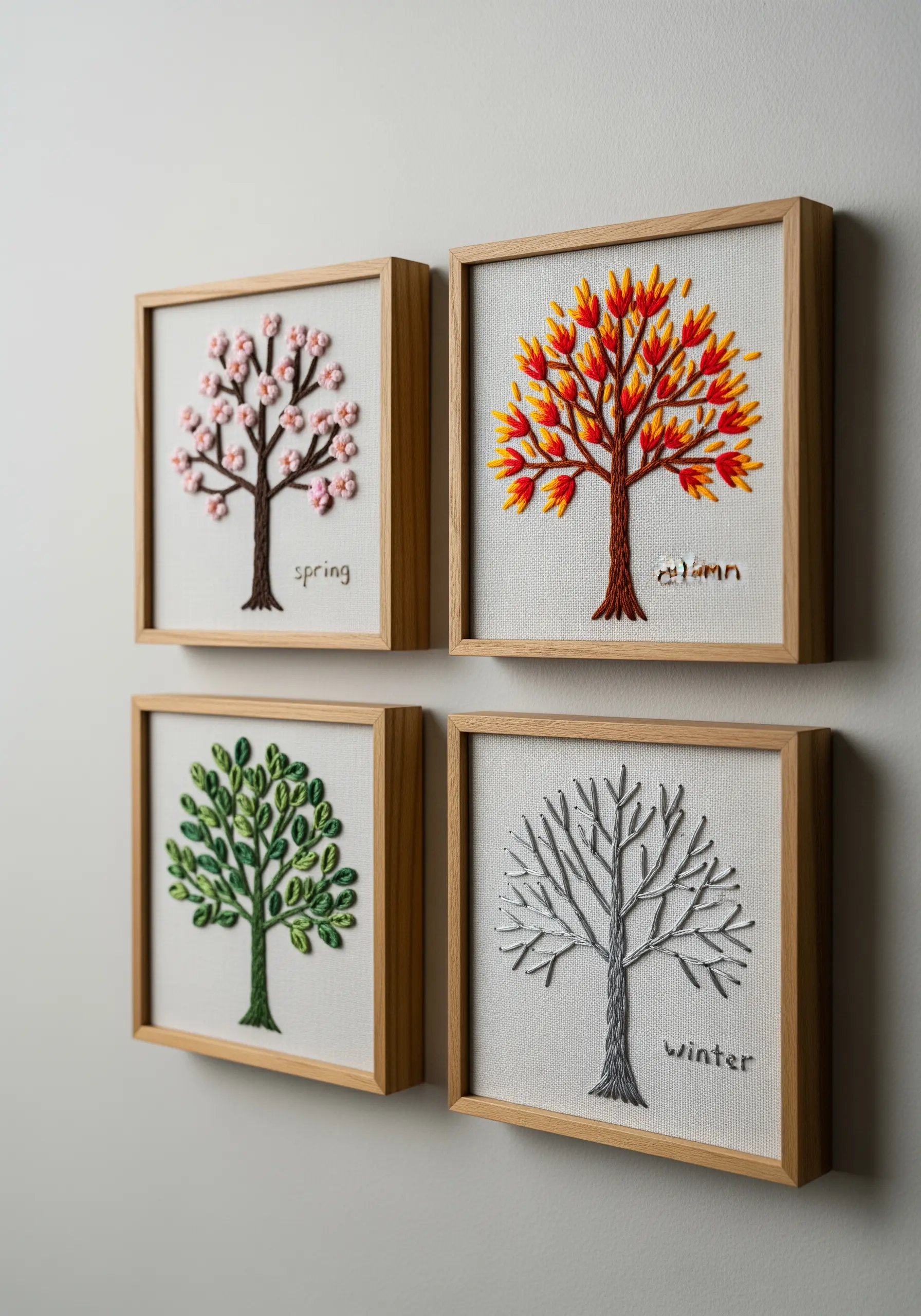 Four framed embroideries, each showing the same tree in a different season: spring, summer, autumn, winter.