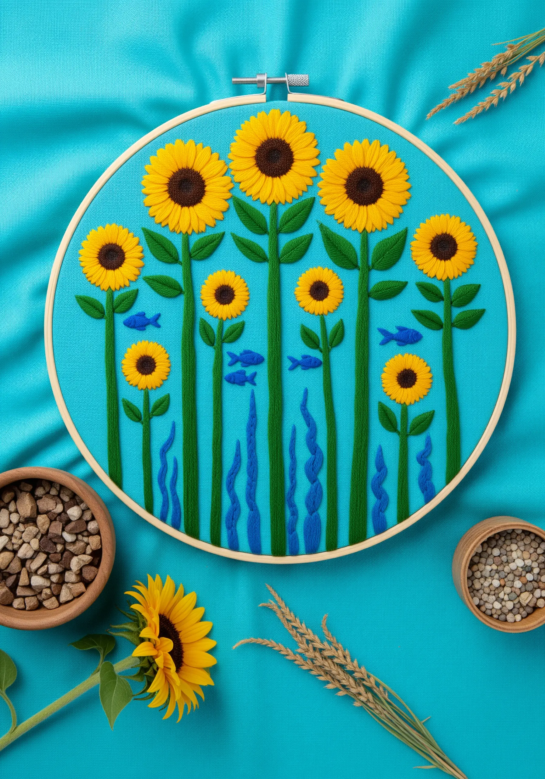 Embroidered sunflowers growing like seaweed on a bright blue background with tiny fish swimming by.