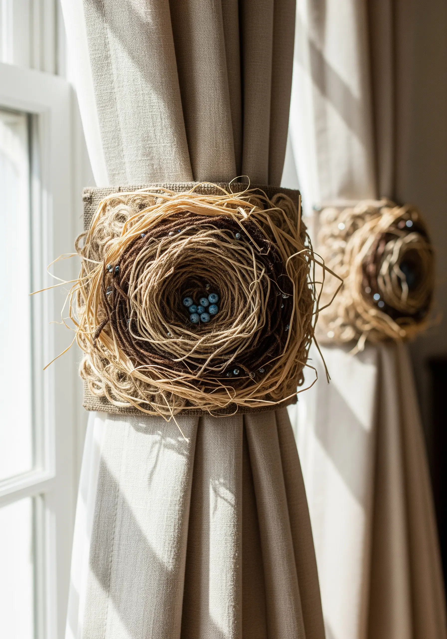 A 3D bird's nest made from jute and other fibers, serving as a curtain tie-back.