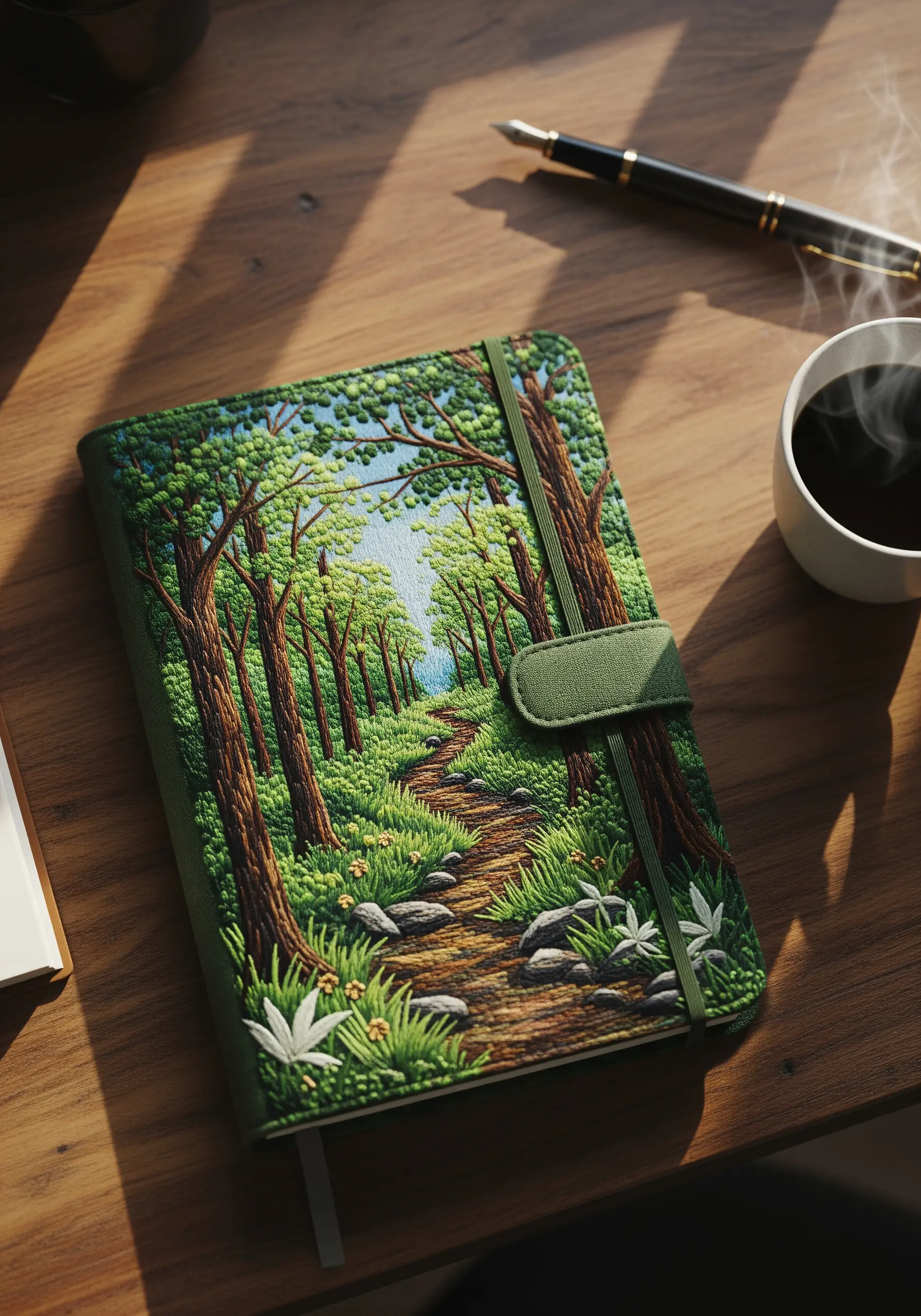 A journal with its entire cover embroidered with a detailed, realistic forest path scene.
