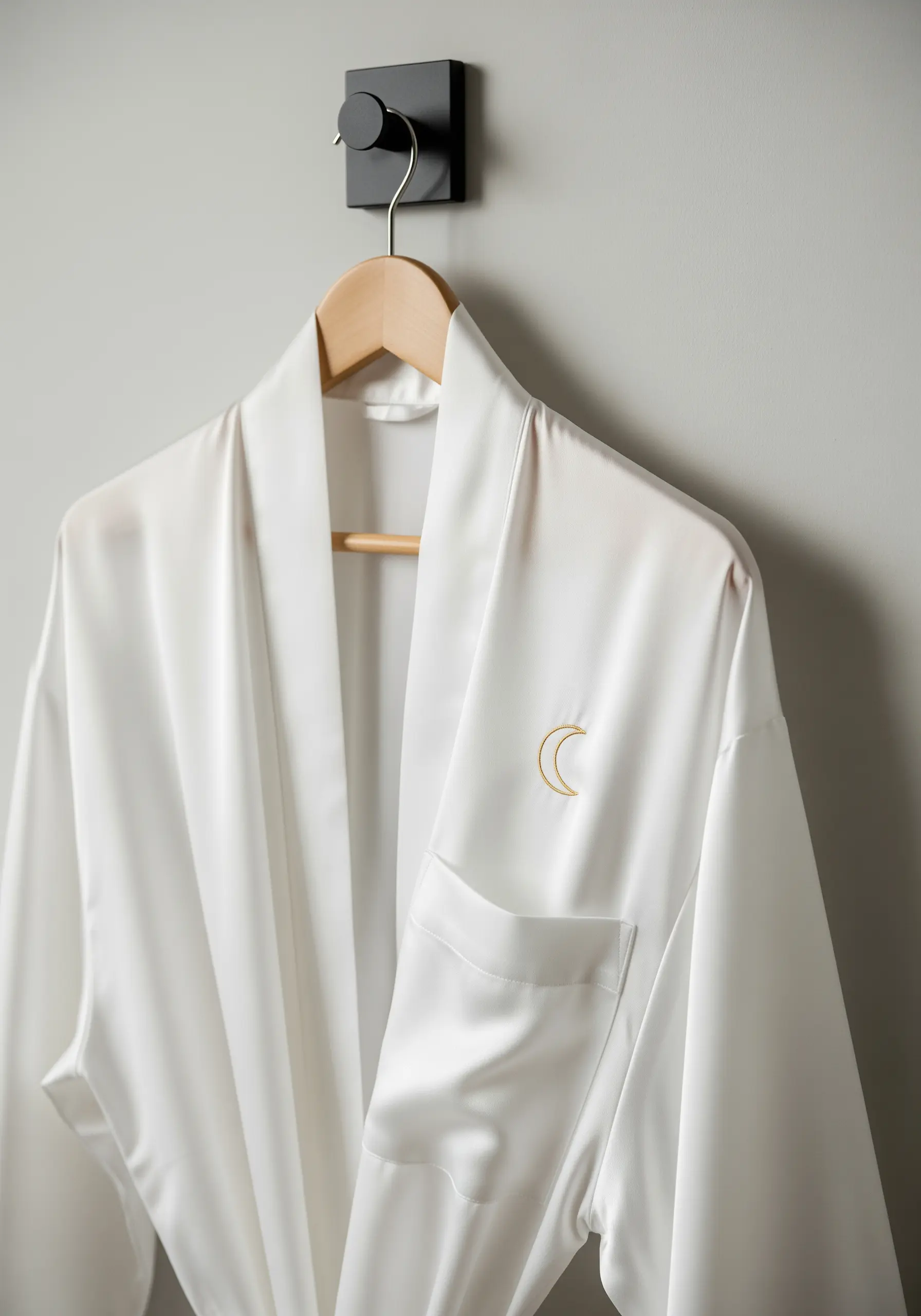A small, gold crescent moon embroidered on the pocket of a white satin robe.