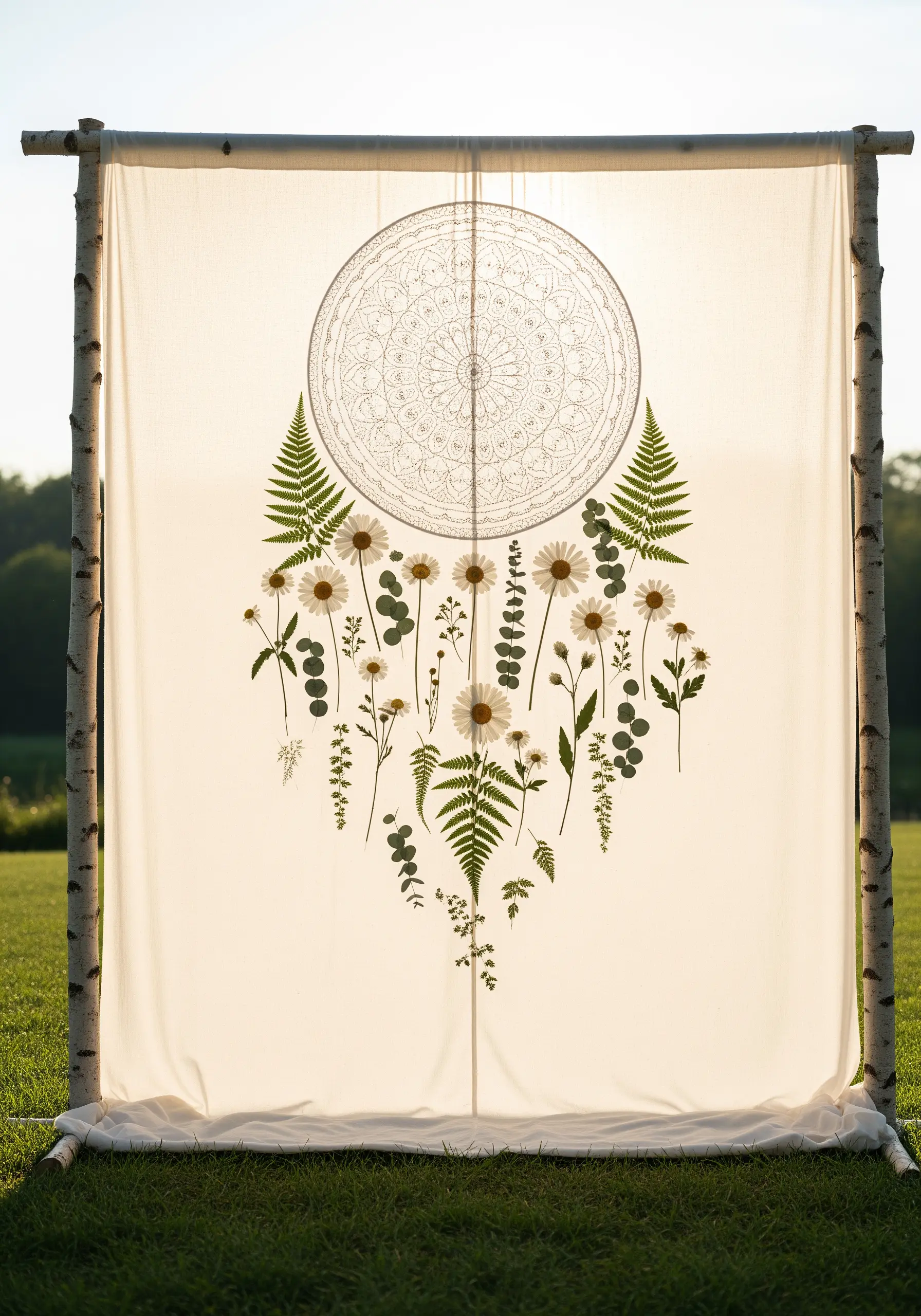A sheer fabric wedding backdrop with an embroidered mandala and pressed daisies and ferns.